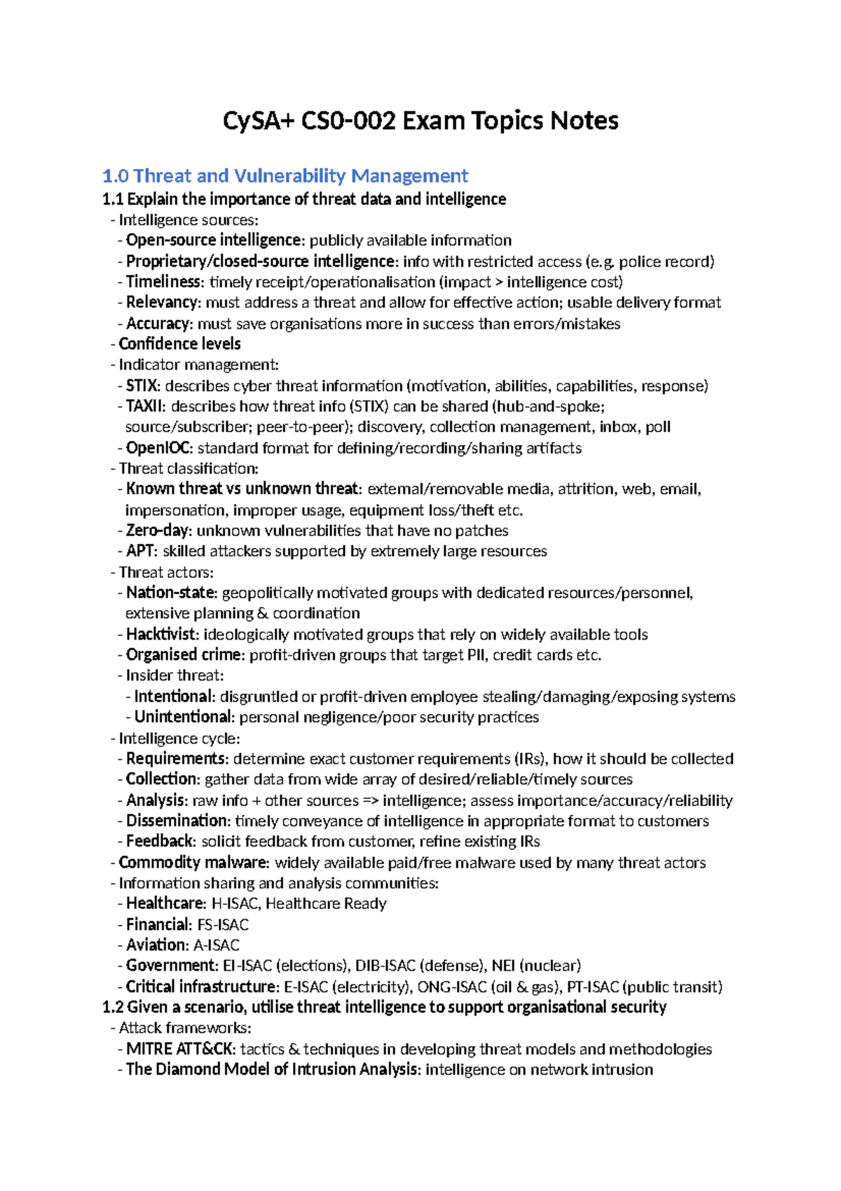 Cy SA CS0 002 Final Exam Topics: Threat and Vulnerability Management ...