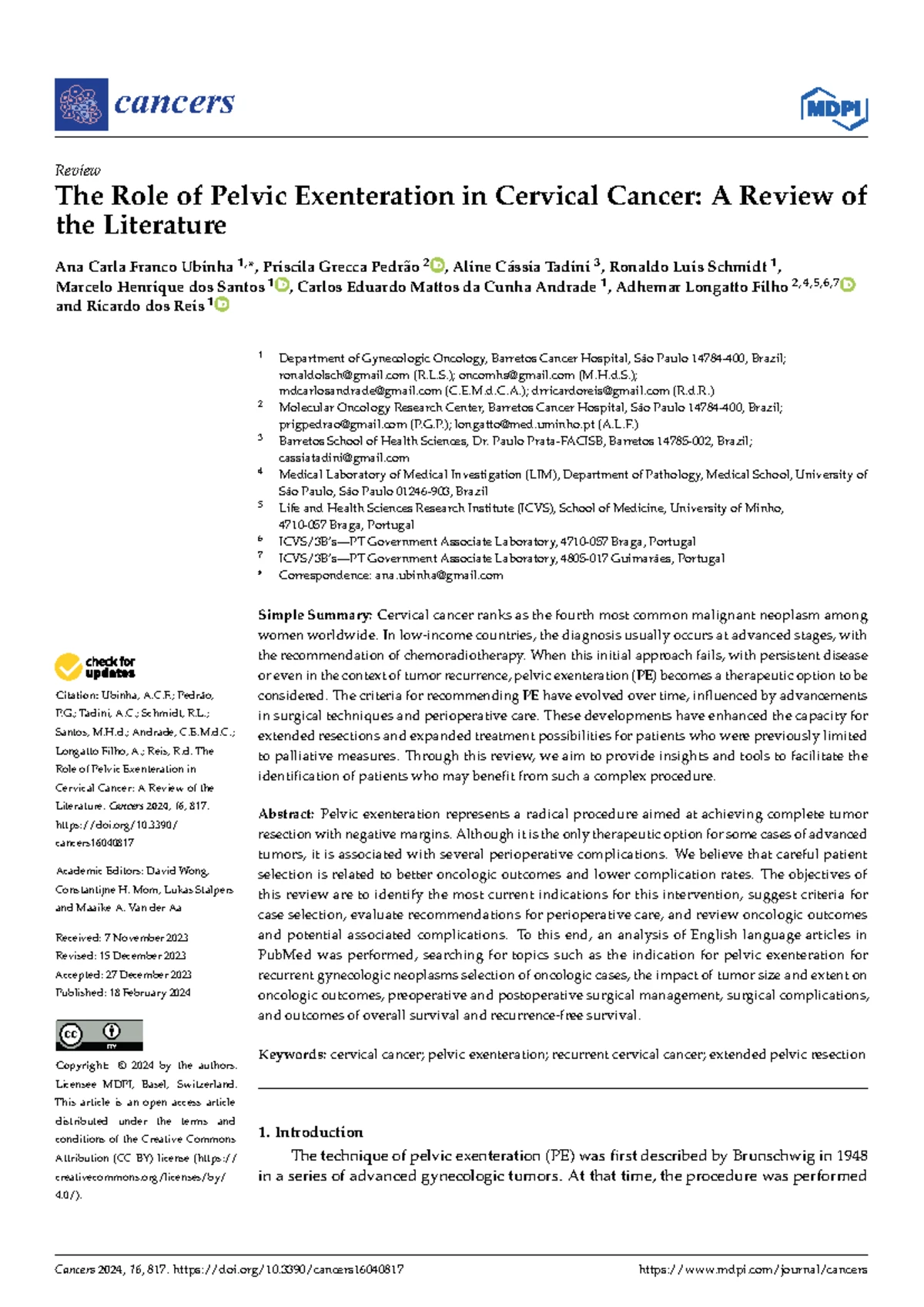 ESA PAPER: Outcomes of Pelvic Exenteration for Advanced Nonrectal ...