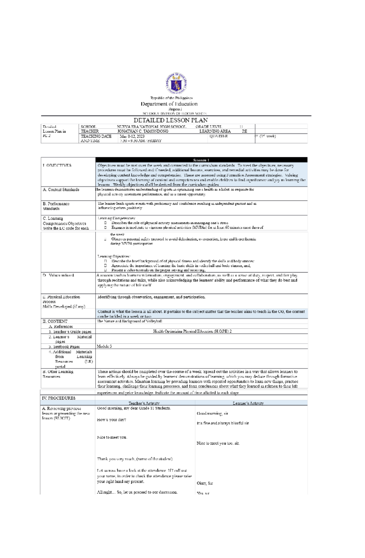 Grade 11 PE DLP: Understanding Volleyball Skills and Techniques - Studocu