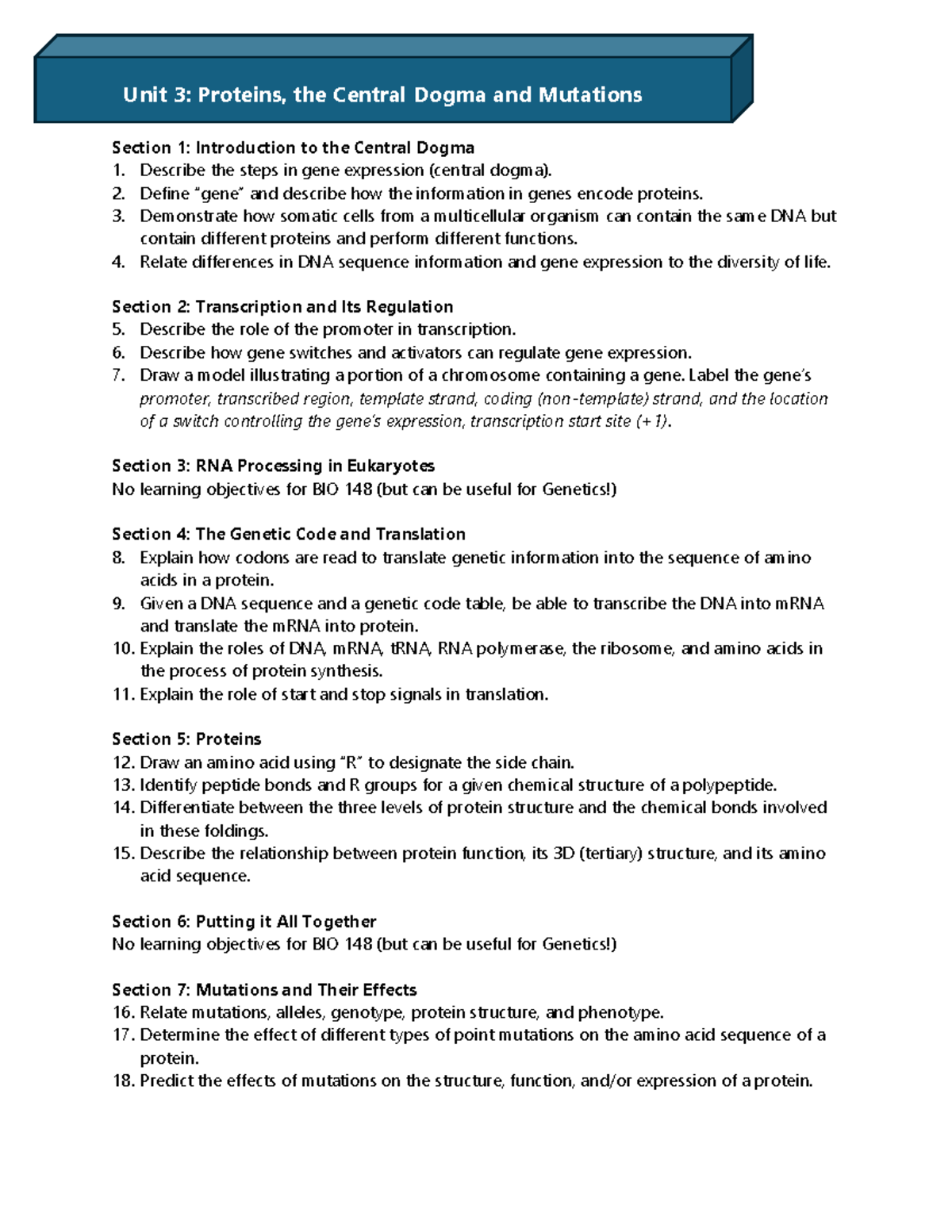 BIO 148 Exam 2: Proteins, Central Dogma & Mutations Overview - Studocu