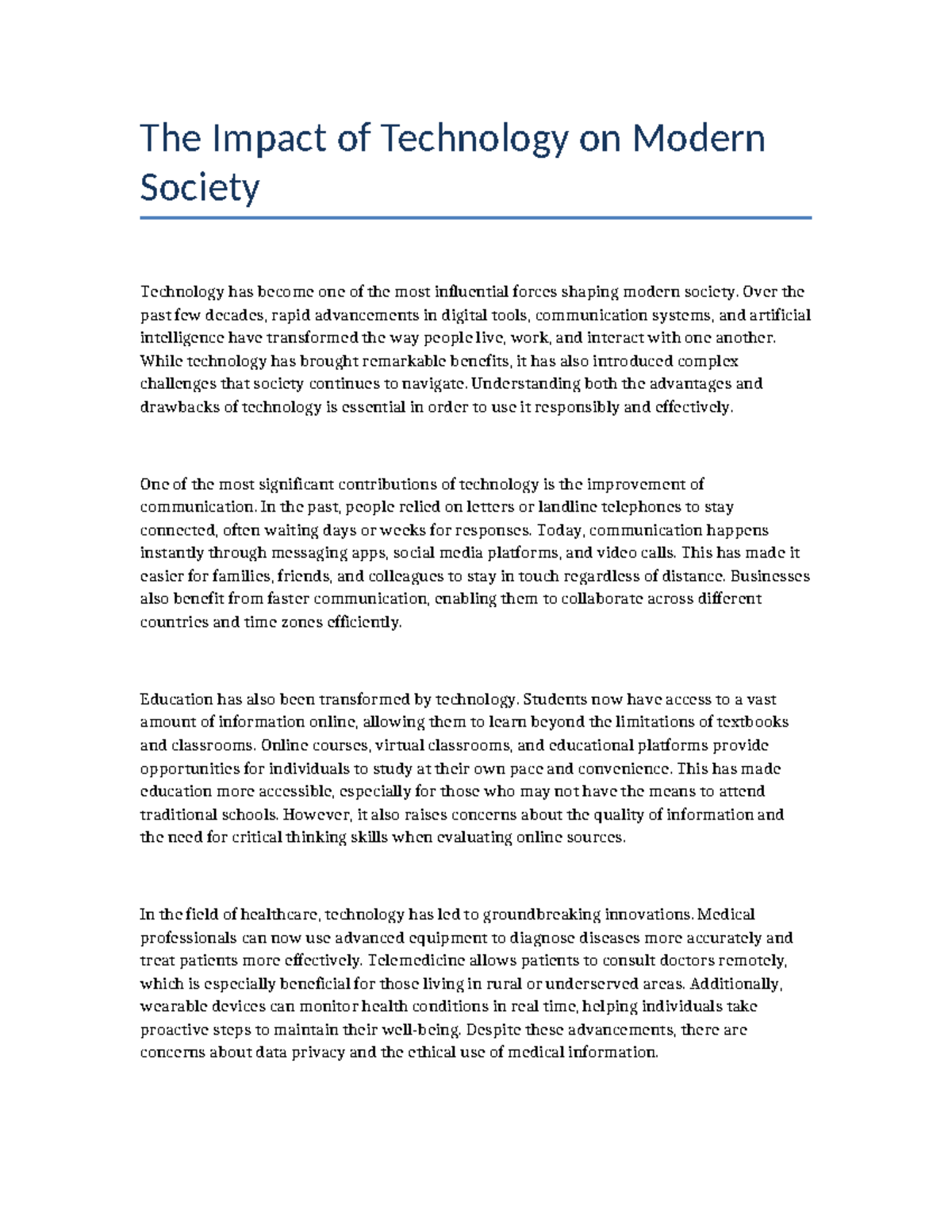 Technology Essay (2000 Words): The Impact on Modern Society - Studocu