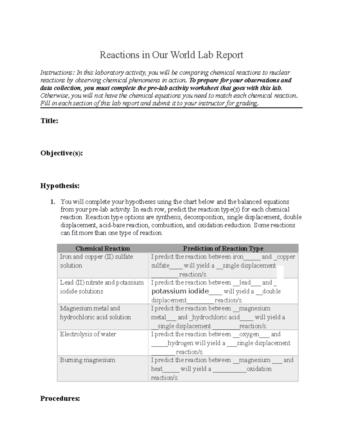 4.06 lab report - for help - Reactions in Our World Lab Report ...