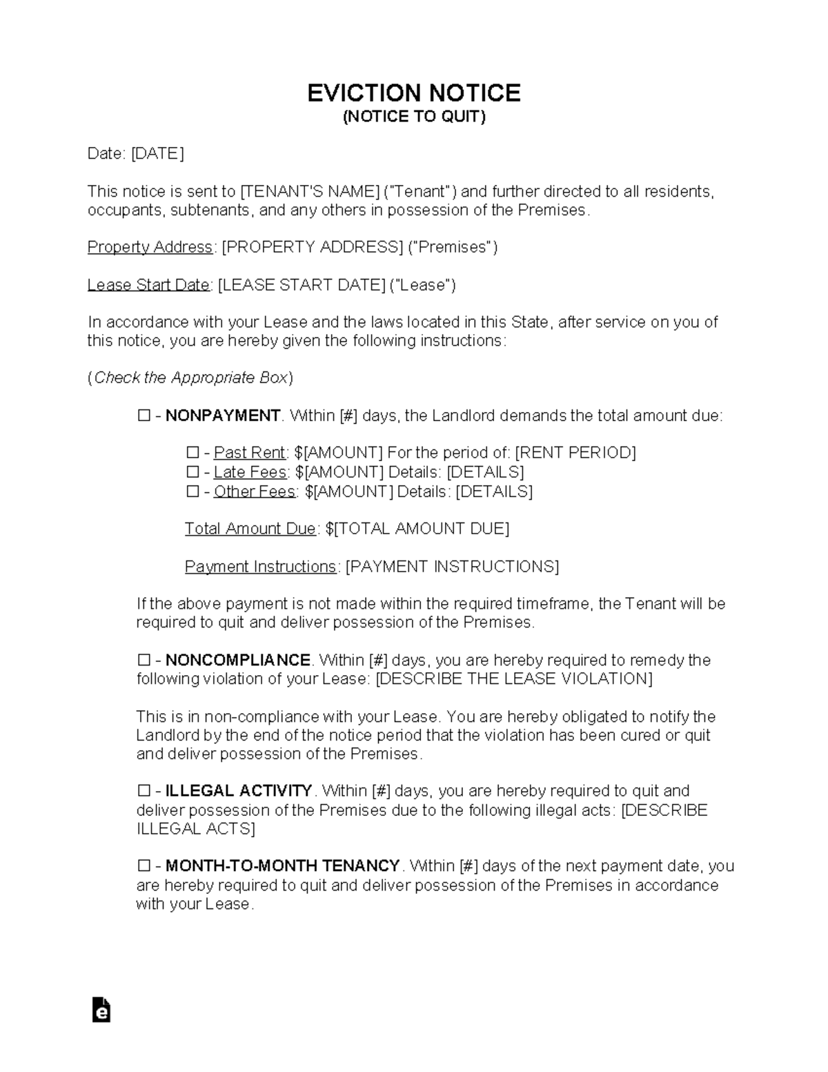 Eviction Notice to Quit Template Form - Legal Guidelines - Studeersnel