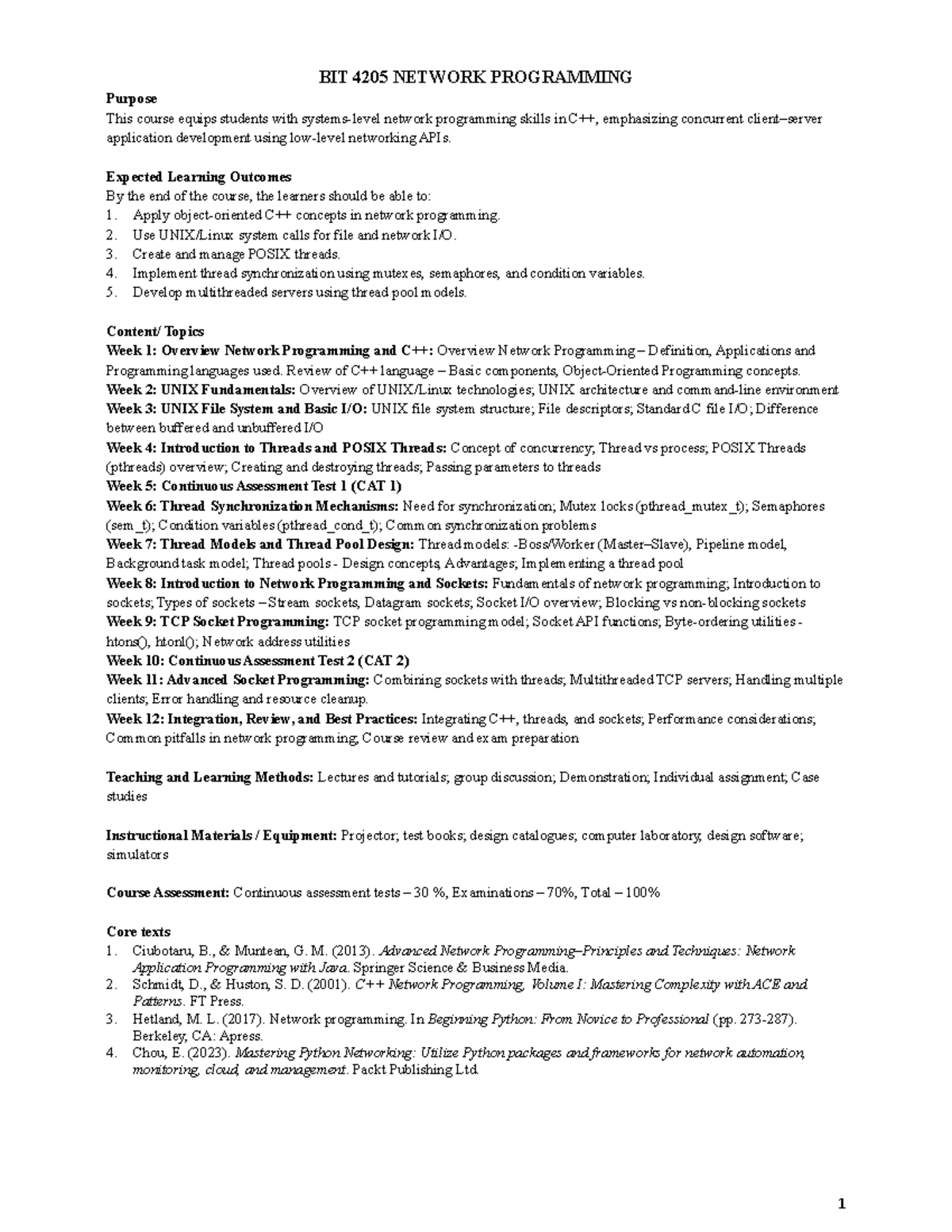 BIT 4205 Network Programming: Weeks 1 & 2 Overview and Concepts - Studocu