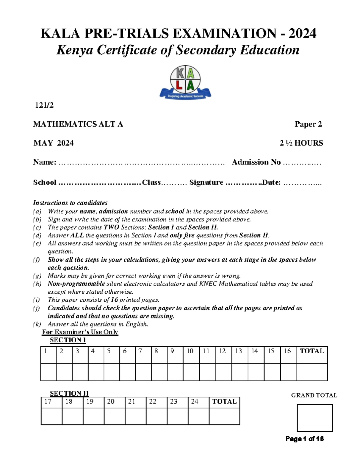 Marking Scheme for KALA Maths Exam P2 - May 2024 - Studocu