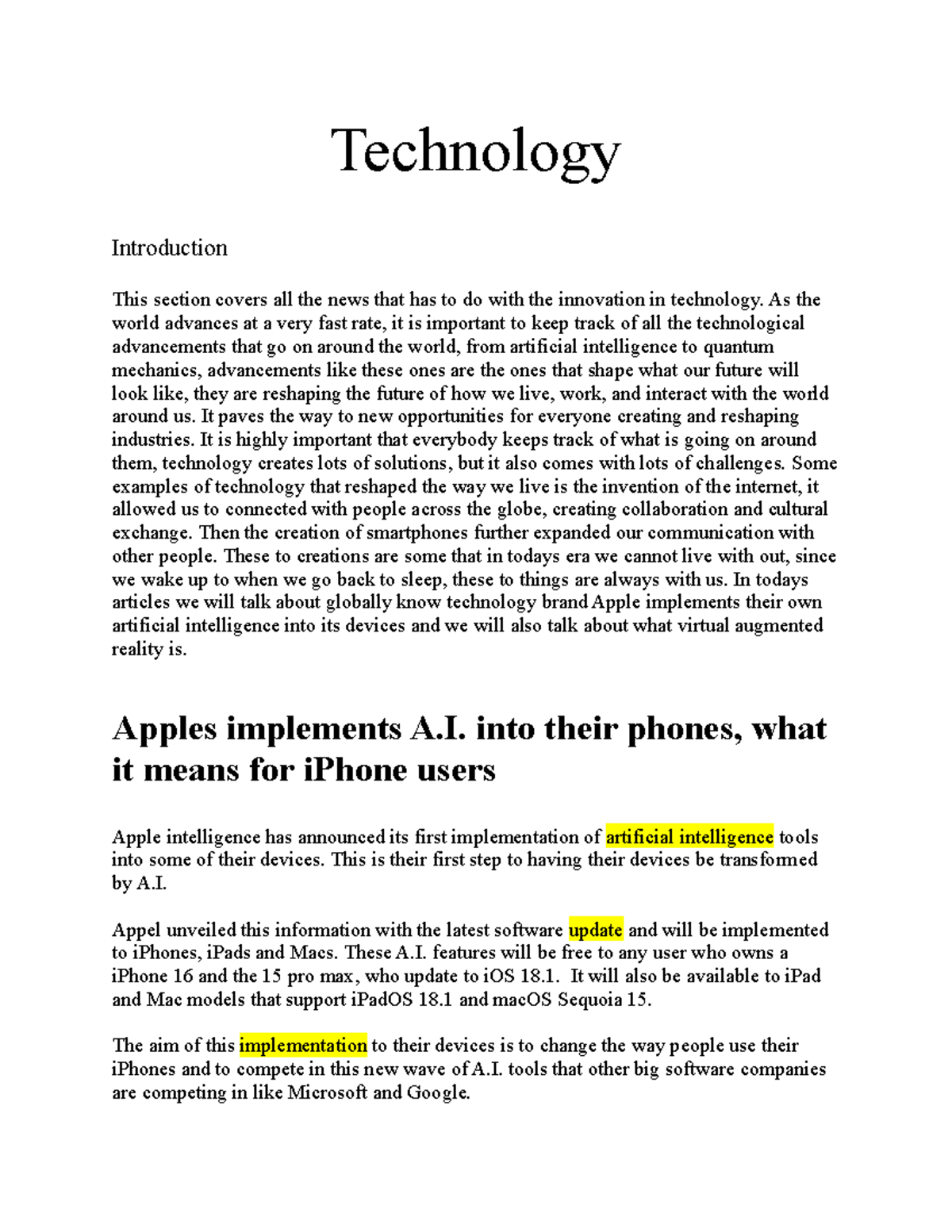 Technology Introduction: Innovations in AI, VR, and AR - Studocu