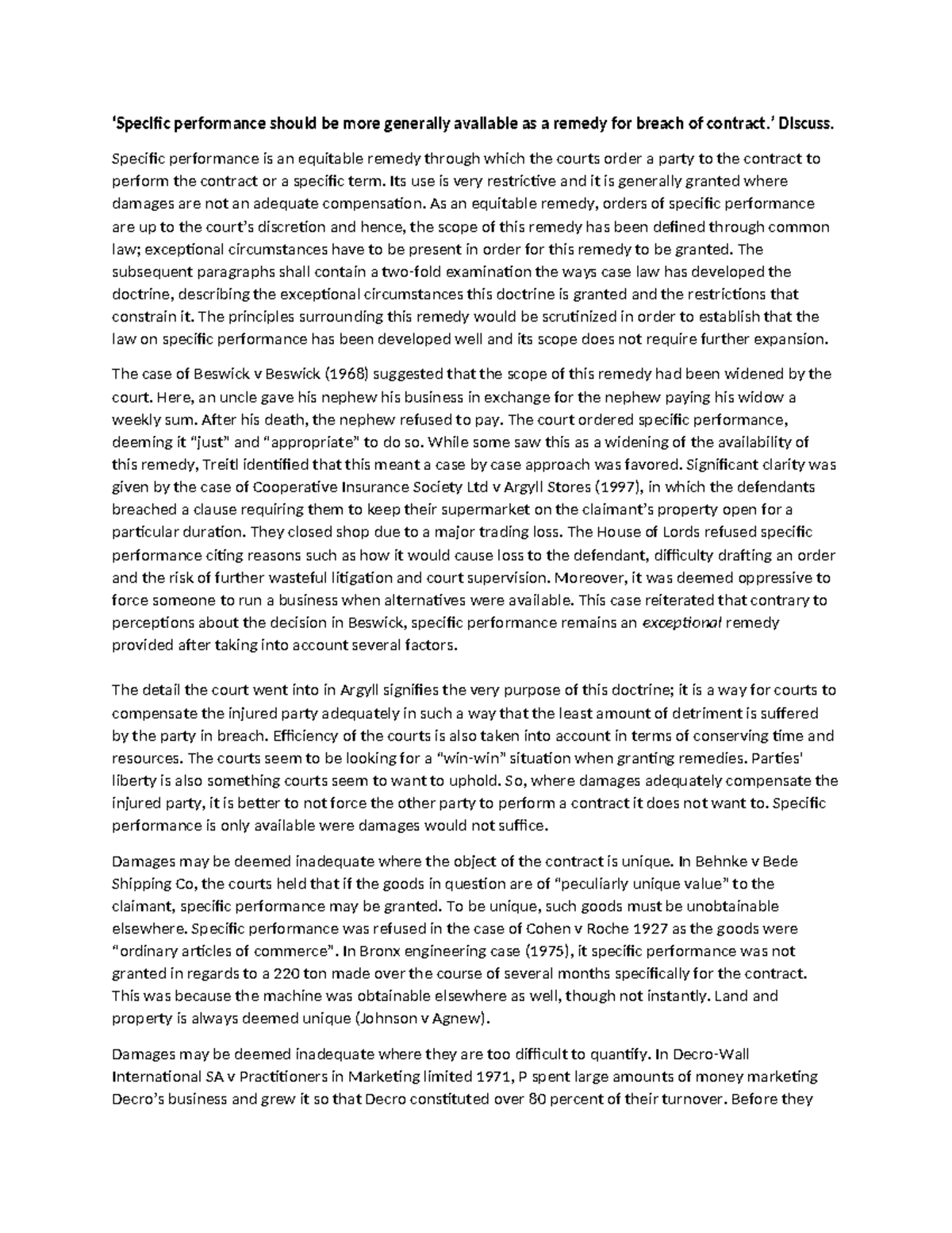 LAWS1234 - Specific Performance as an Equitable Remedy: An Essay ...