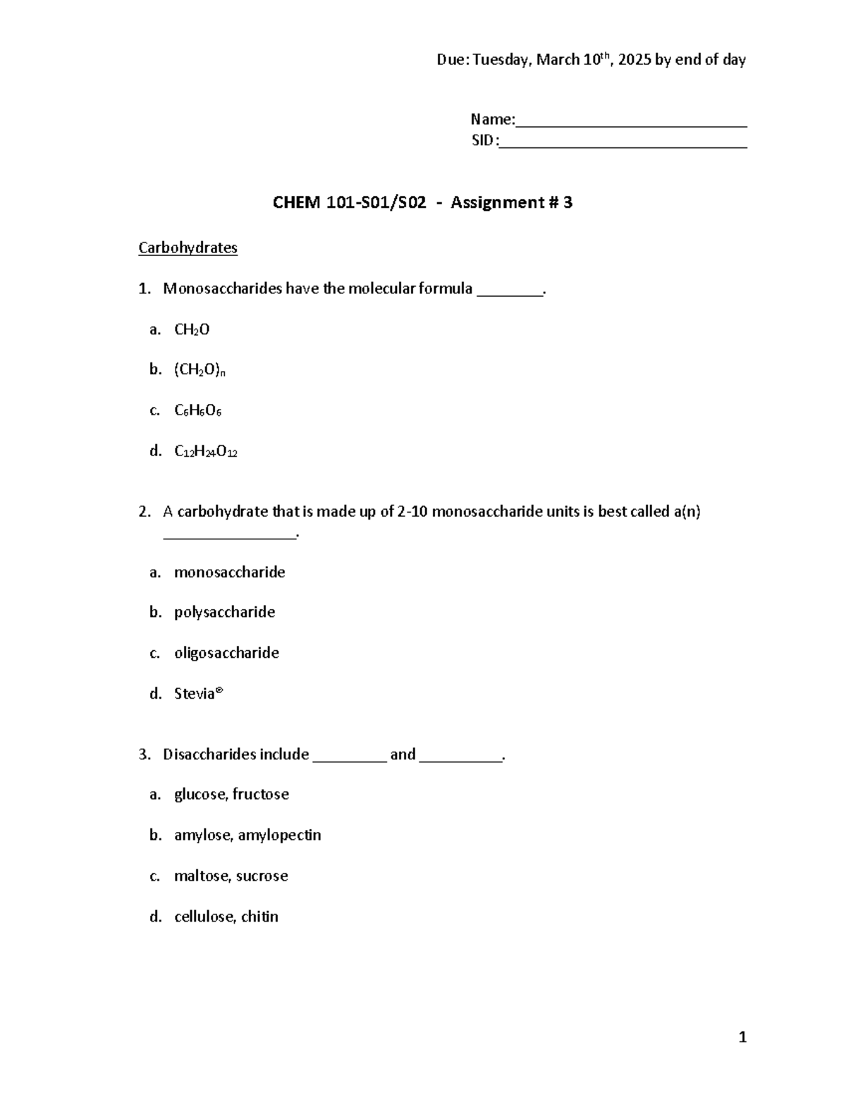 CHEM 101 Assignment 3 - Carbohydrates and Lipids Exam Practice - Studocu
