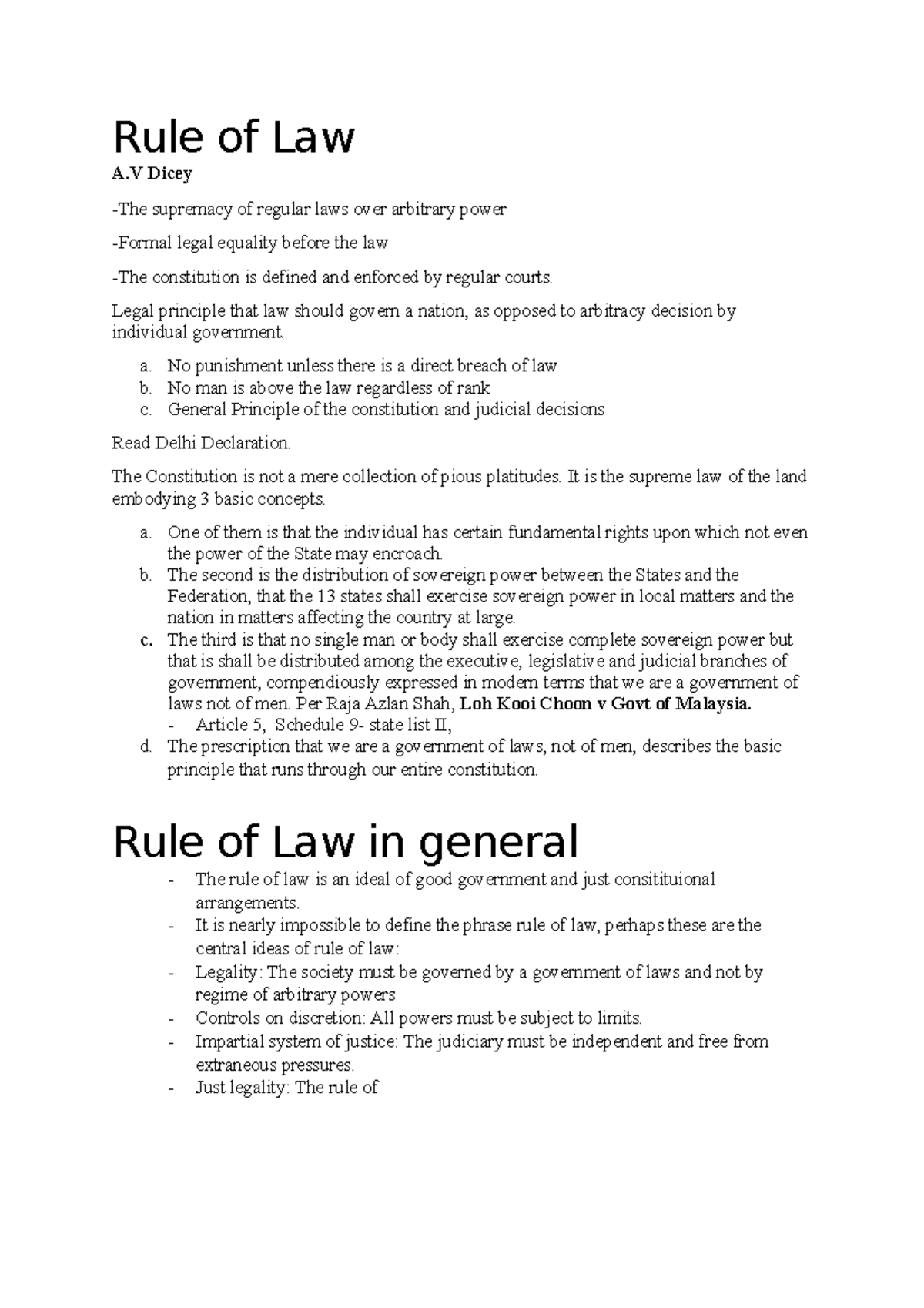 Rule of Law-notes - Lecture notes 1 - Rule of Law A Dicey -The ...