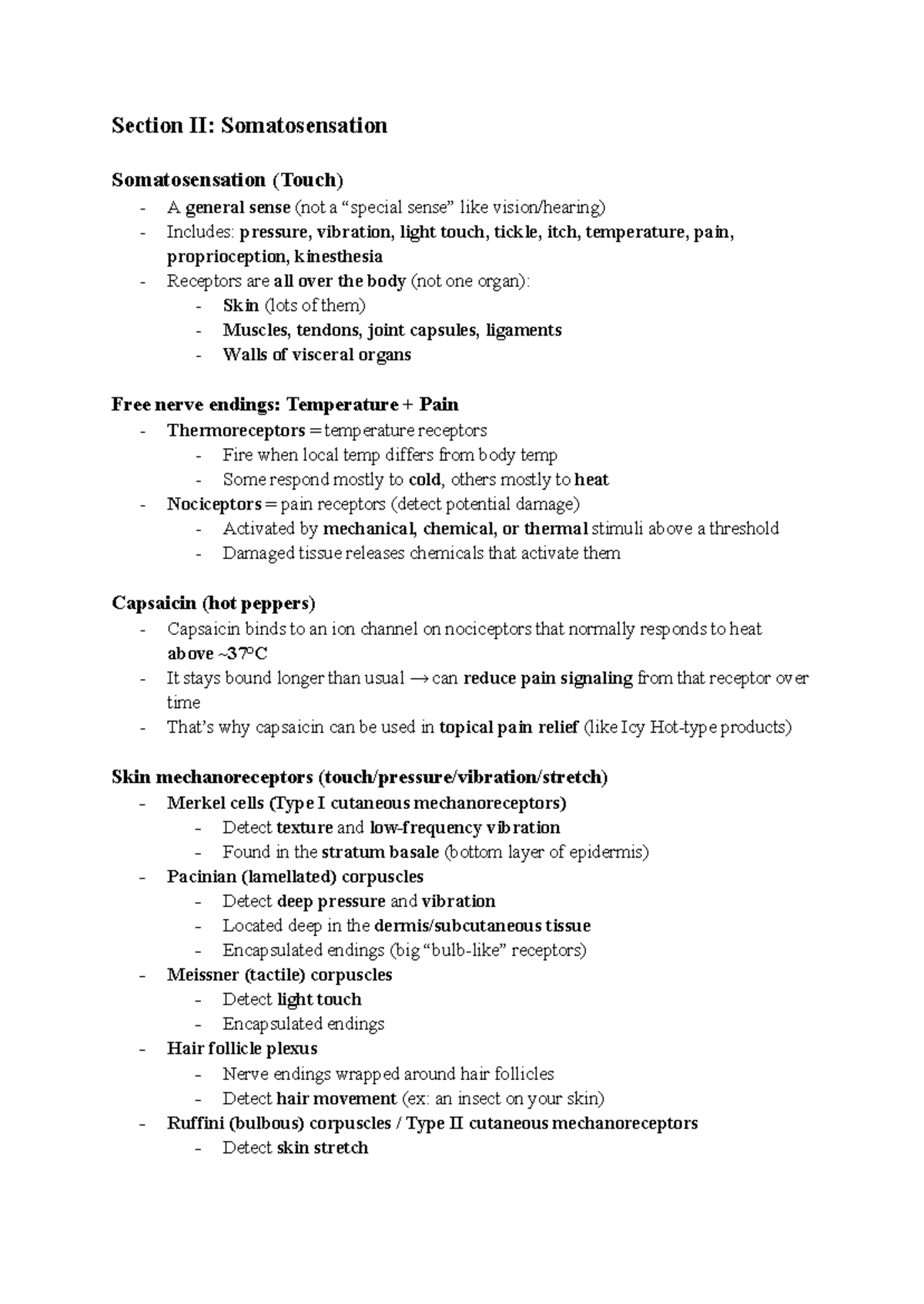 Chapter Reading Notes: Somatosensation (Touch) - Key Concepts and ...