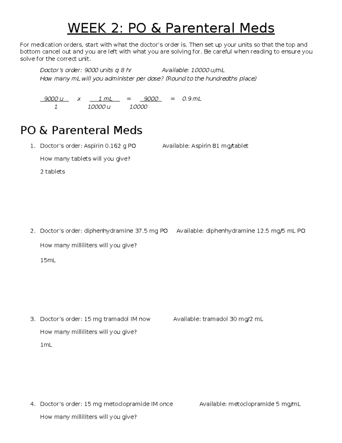 WEEK 2- PO and Parenteral - WEEK 2: PO & Parenteral Meds For medication ...