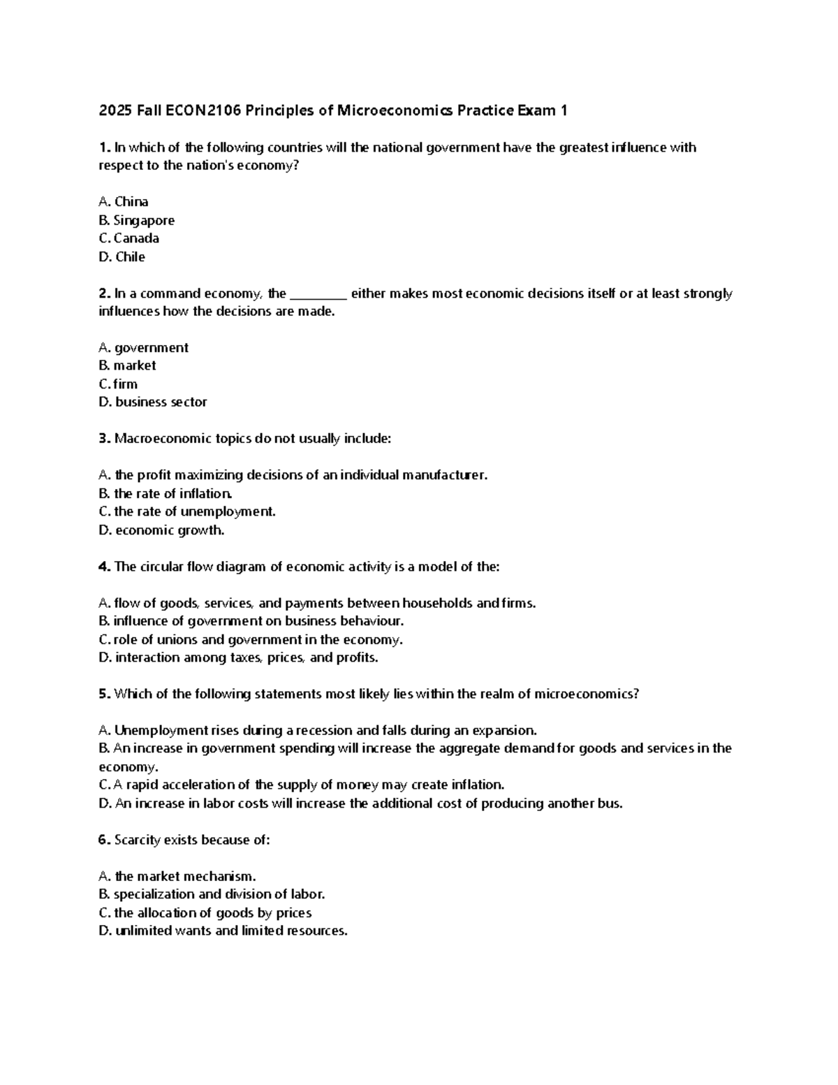 2025 Fall ECON2106 Principles of Microeconomics Practice Exam 1 - Studocu