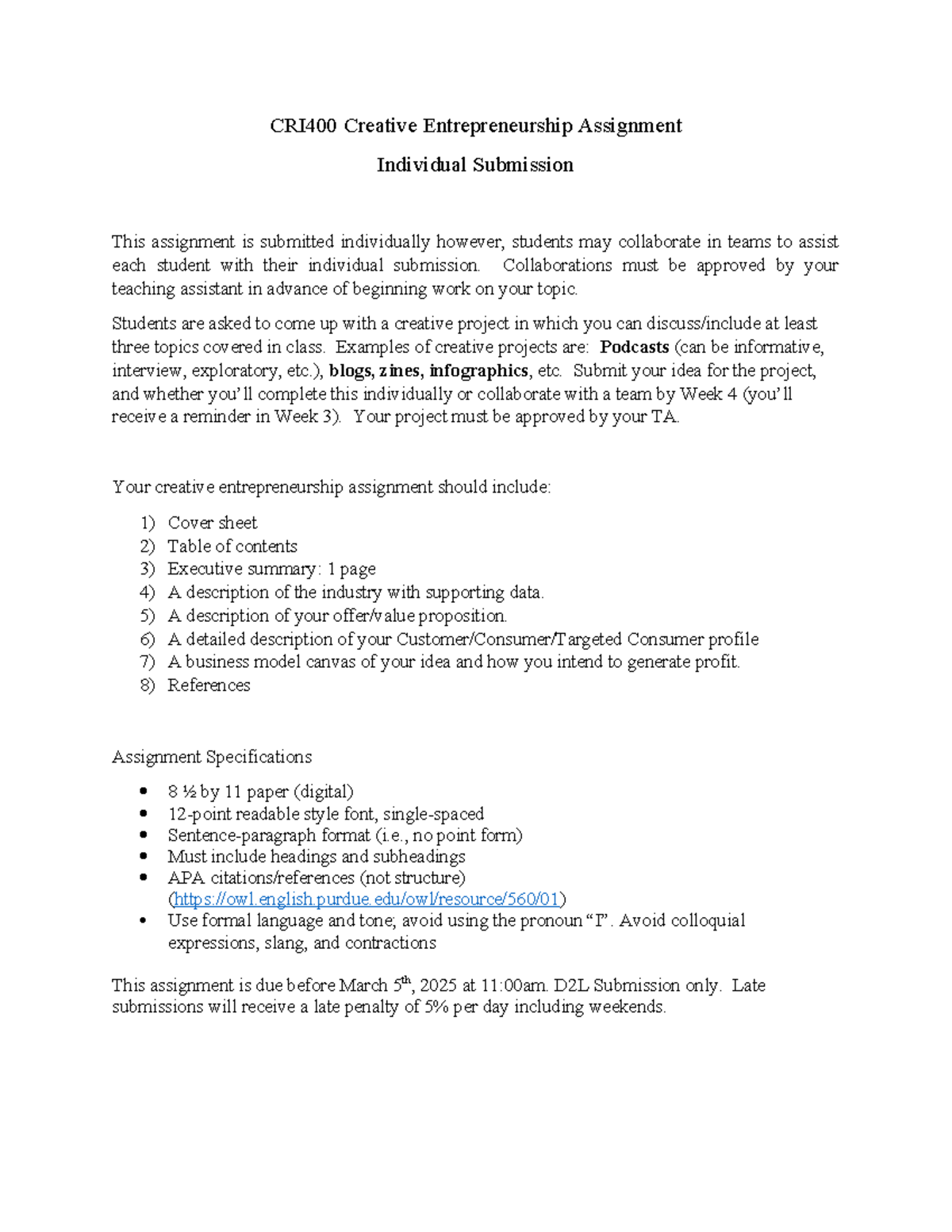 CRI400 Creative Entrepreneurship Assignment - CRI400 Creative ...