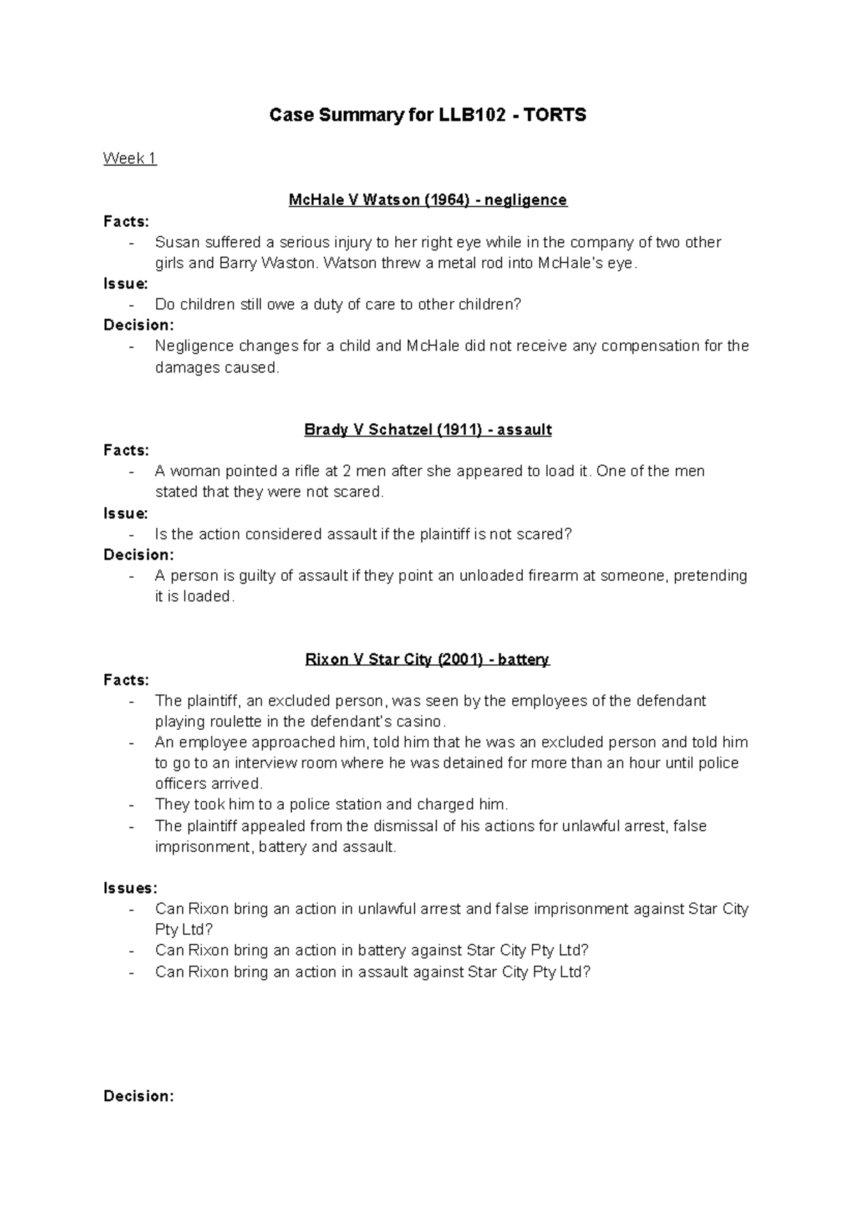 LLB102 Torts Case Summaries: Key Cases and Legal Principles - Studocu