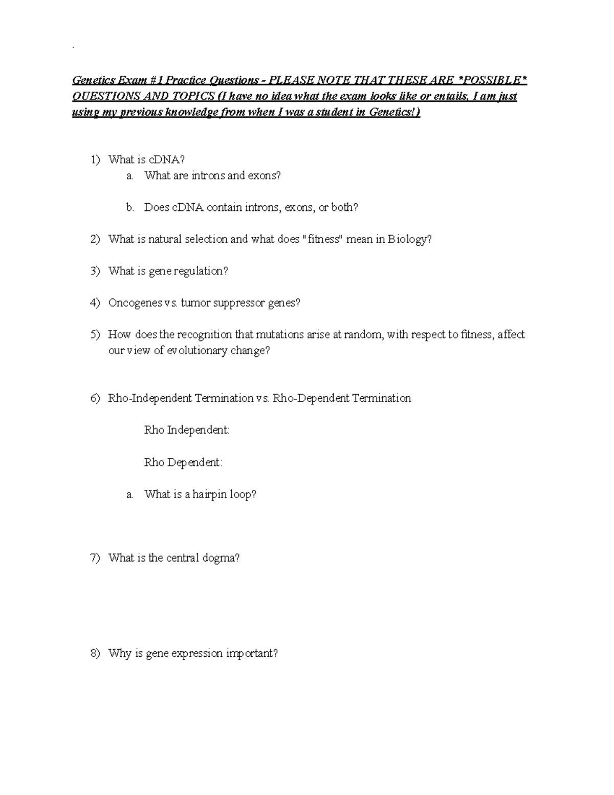 Genetics 101: Exam 1 Practice Questions and Topics - Studocu