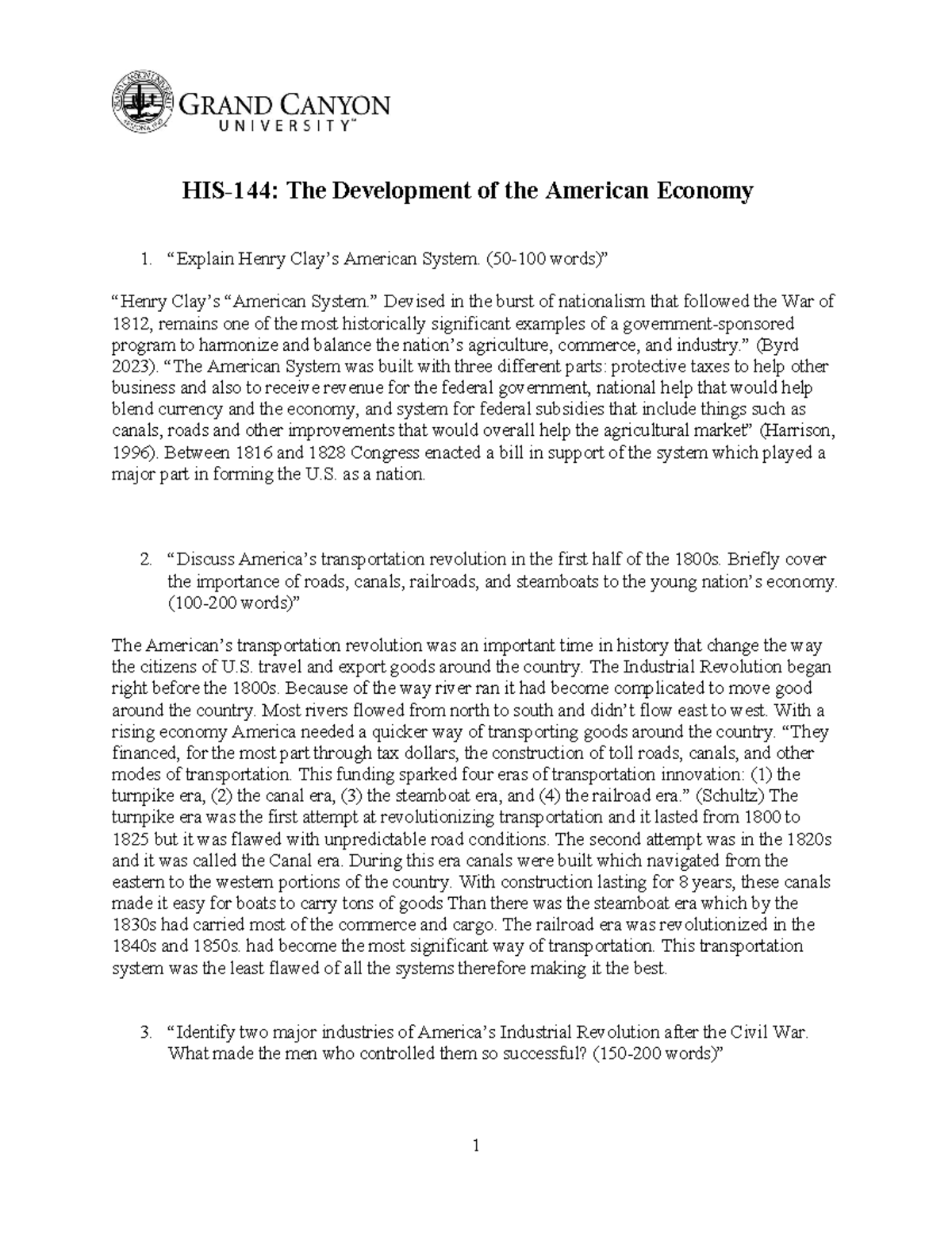 GCU HIS-144-RS: Development of the American Economy Worksheet - Studocu