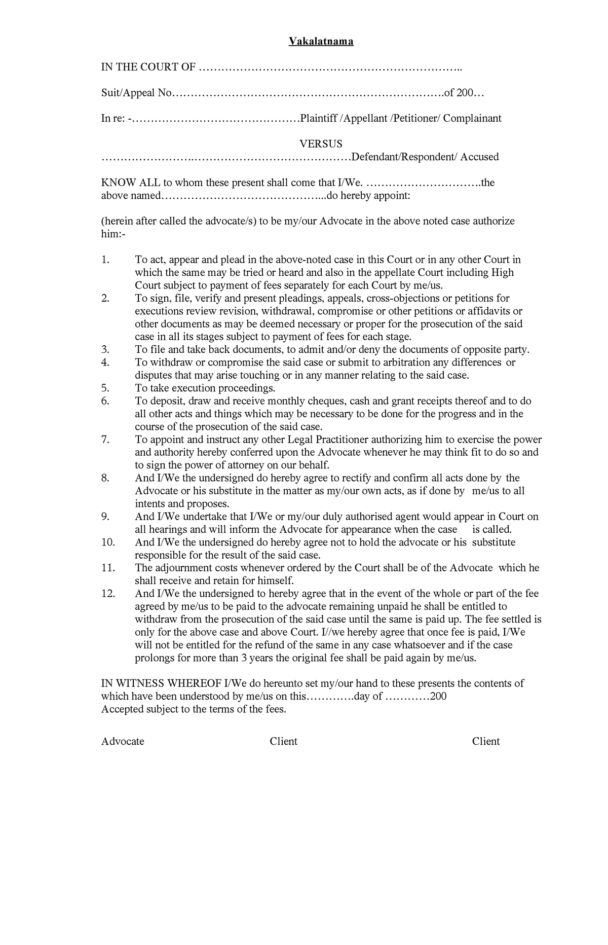 Vakalatnama Format for Legal Representation in Court - Studocu