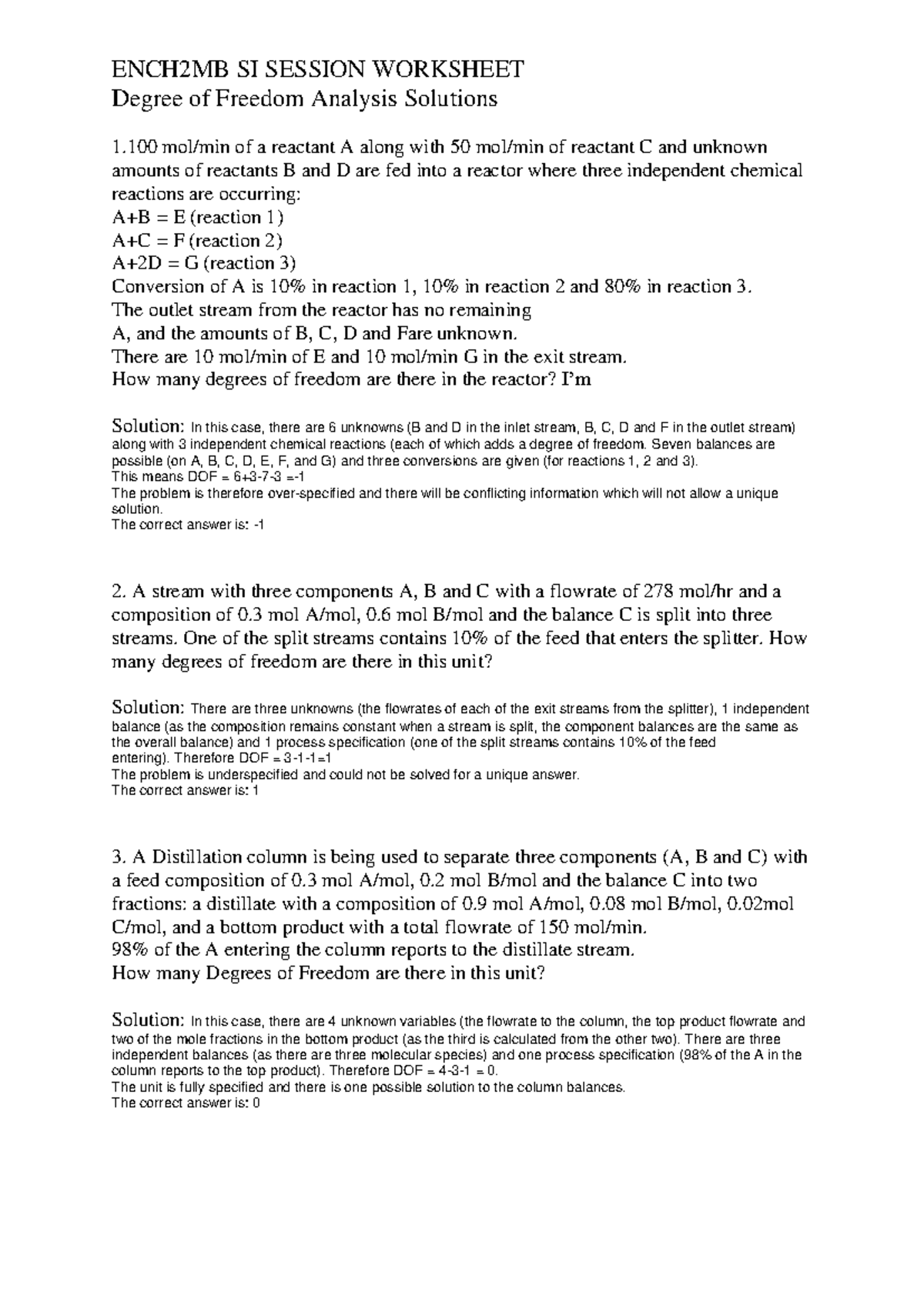 ENCH2MB WS 1 Degree of Freedom Analysis Solutions - Studocu
