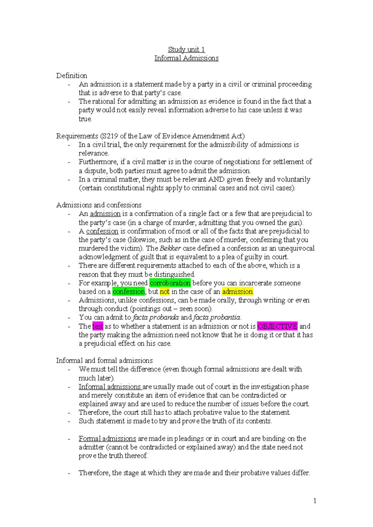 Law of Evidence - BWR Study Unit Notes on Admissions and Confessions ...
