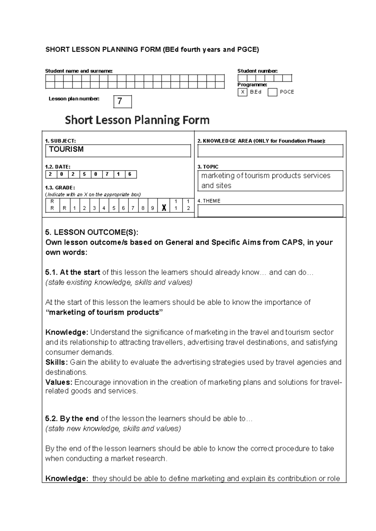 BEd & PGCE V Short Lesson Plan: Marketing in Tourism - Studocu