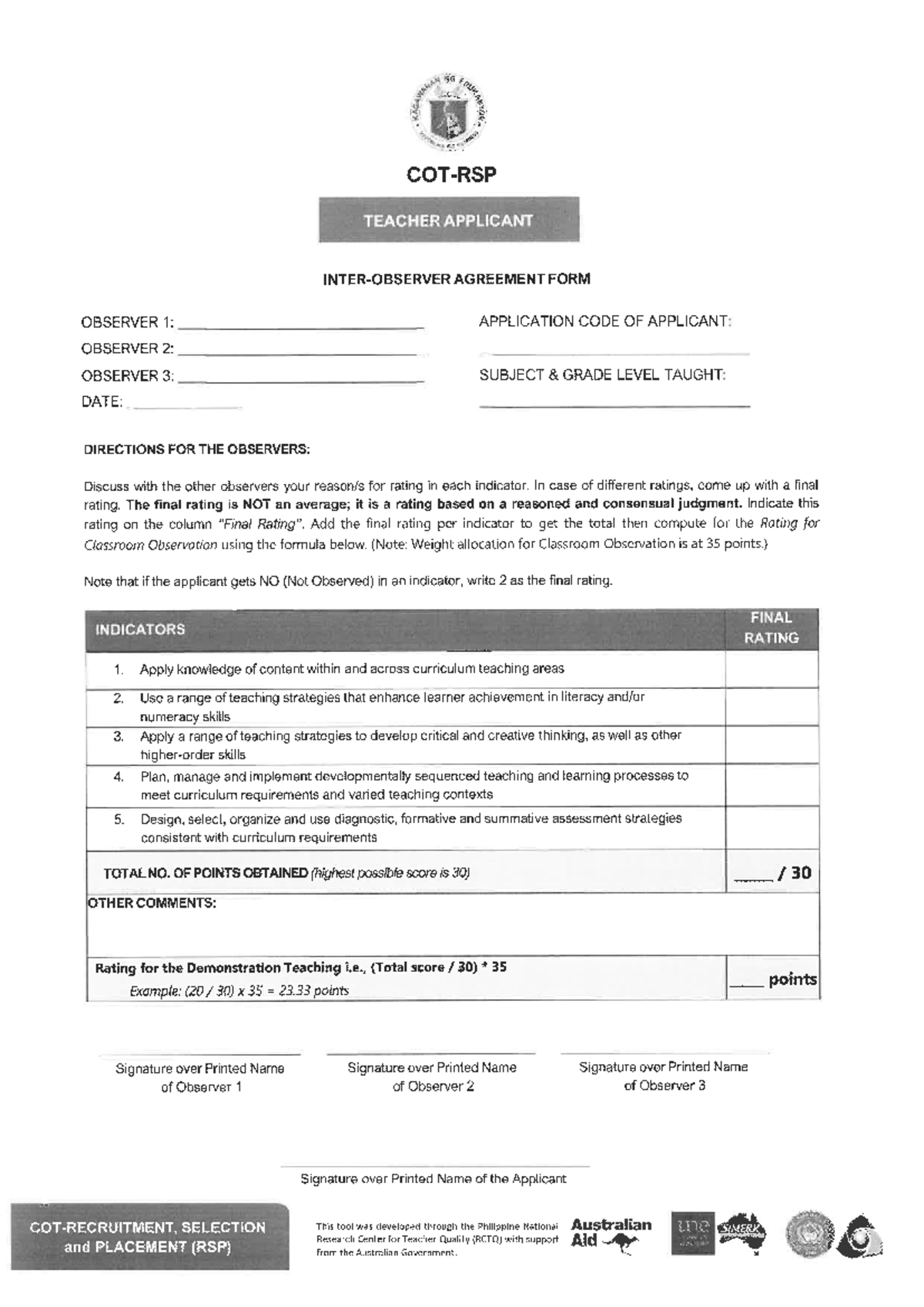 COT-RSP Teacher Applicant Observation Rating Form - Studocu