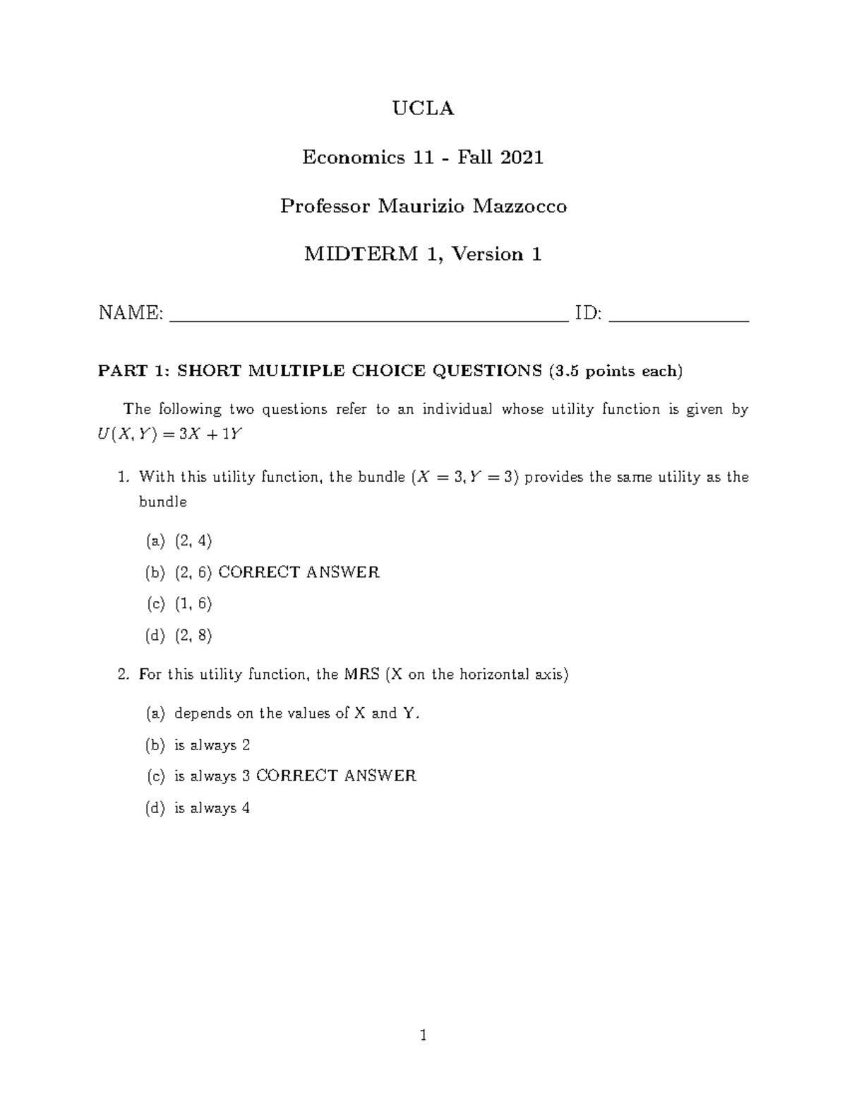 UCLA Economics 11 Fall 2021 Midterm 1 Solutions (Version 1) - Studocu