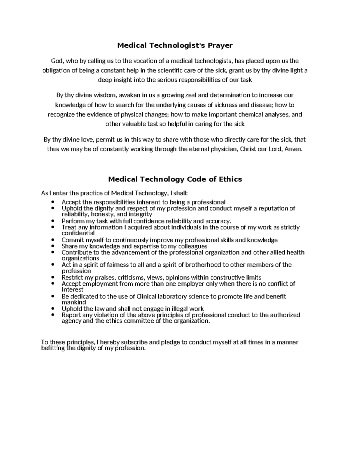 Medtech Prayer & Code of Ethics for Professionals - Studocu