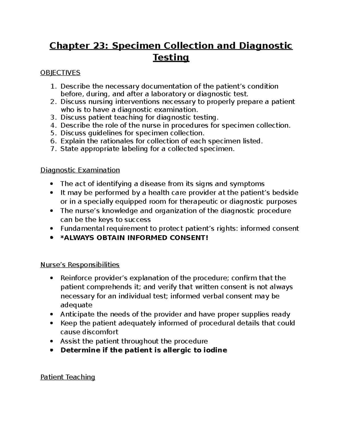 Chapter 23: Specimen Collection & Diagnostic Testing Overview - Studocu