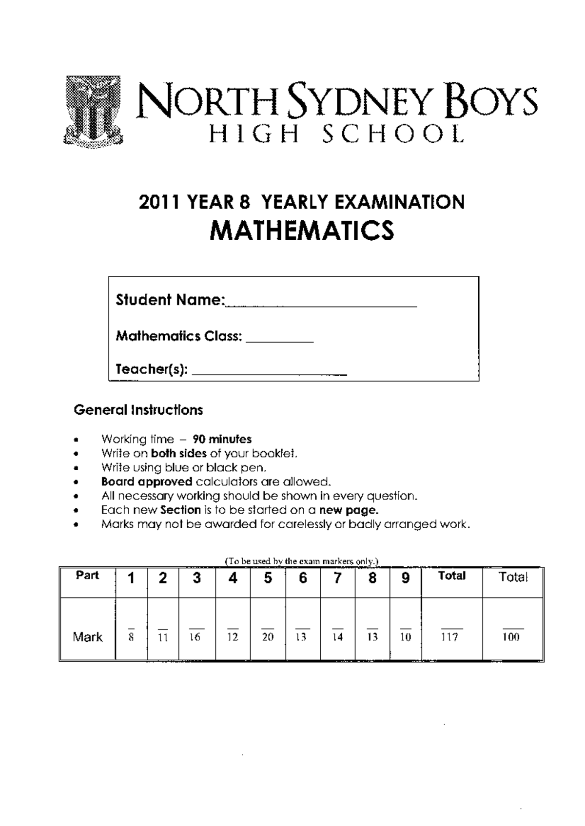 Year 8 Maths Test 1 - North Sydney Boys High School - Studocu
