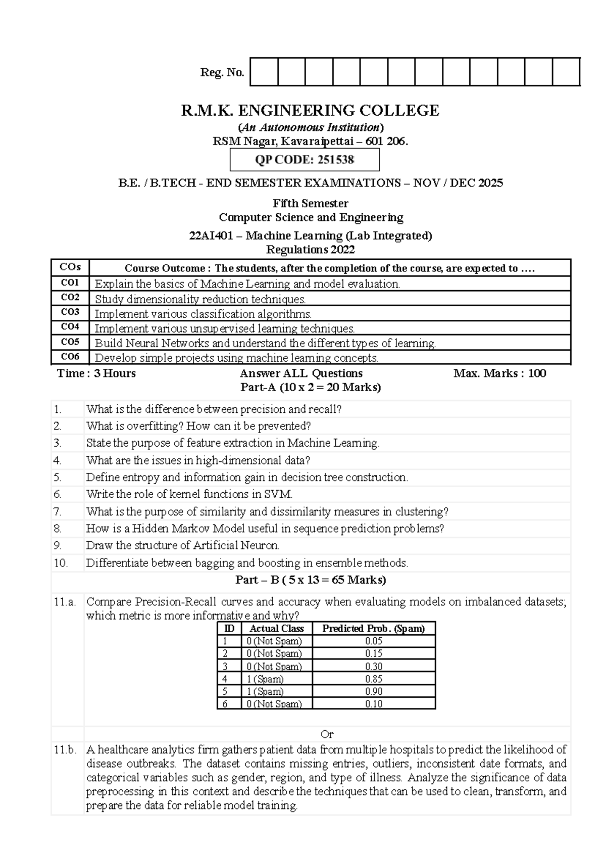 22AI401 Machine Learning End Semester Exam Questions - Nov Dec 2025 ...