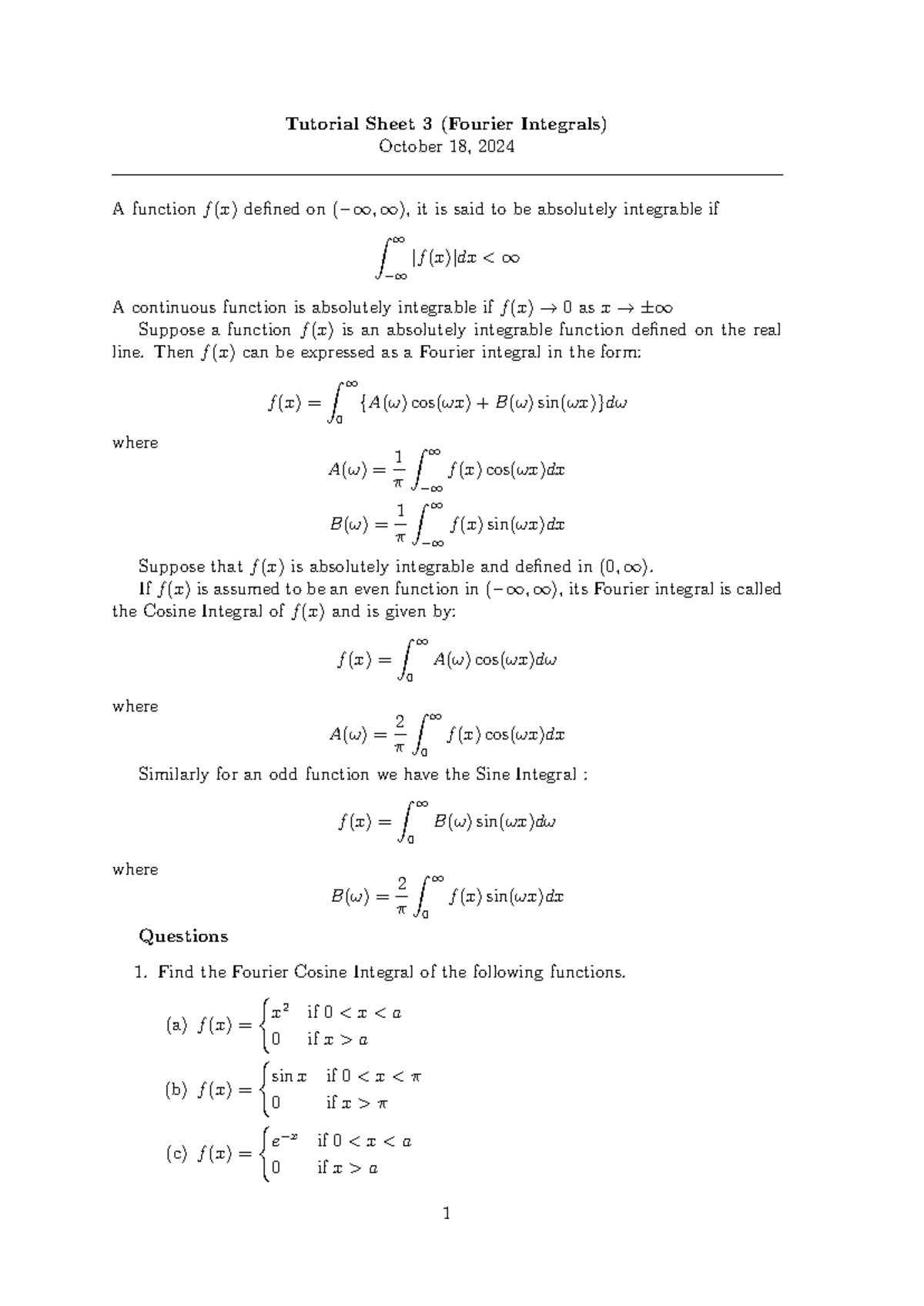 Tutorial Sheet 3: Fourier Integrals and Absolute Integrability - Studocu