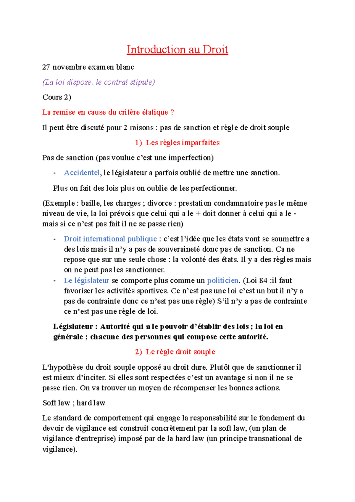 Introduction au Droit - Examen Blanc Cours 2: La Loi et le Droit Souple ...
