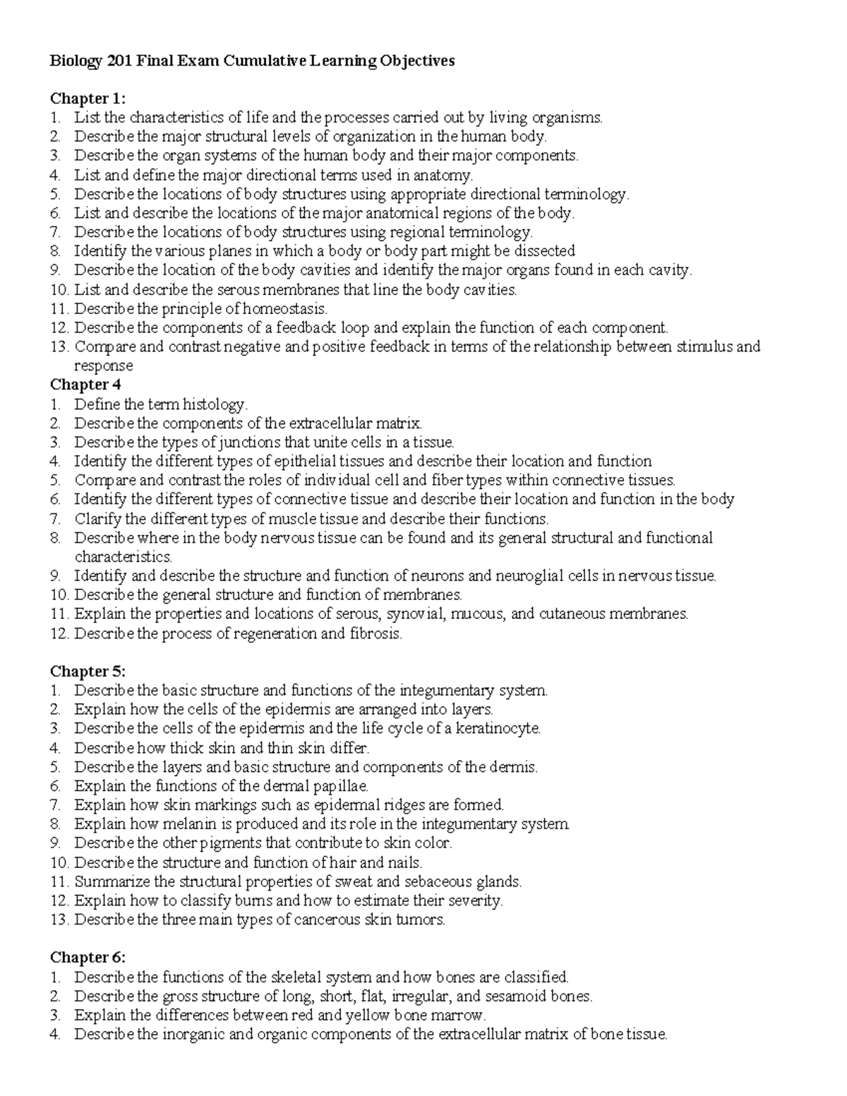 Biology 201 Final Exam Review Sheet: Cumulative Learning Objectives ...