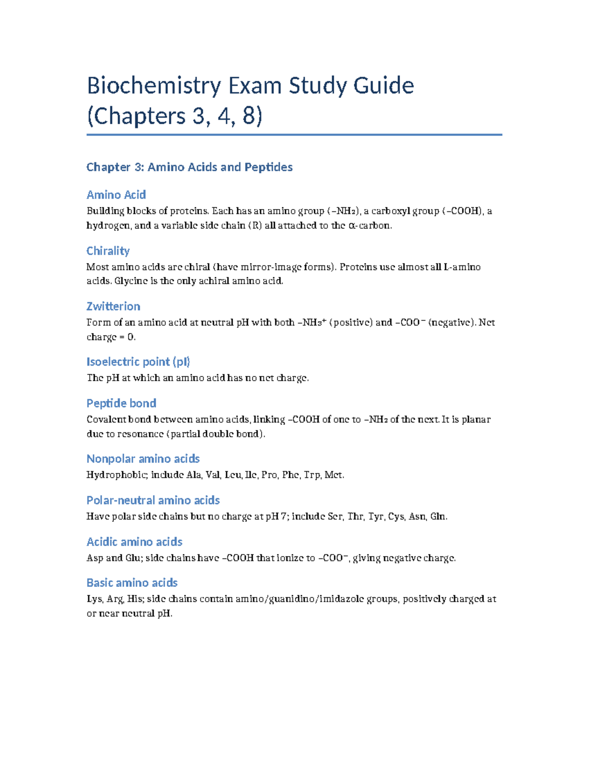 Biochem 101 Final Exam Study Guide: Chapters 3, 4, 8 Overview - Studocu