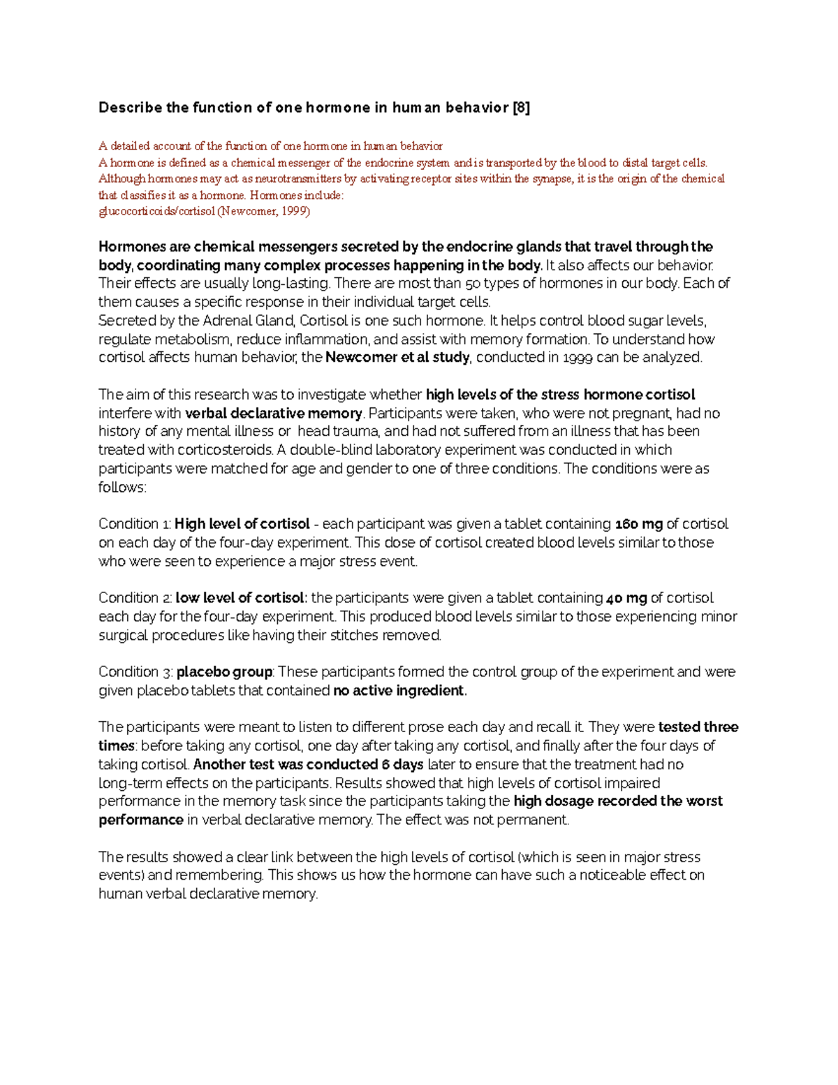 Hormone Behavior: The Impact of Cortisol on Memory (PSY 101) - Studocu