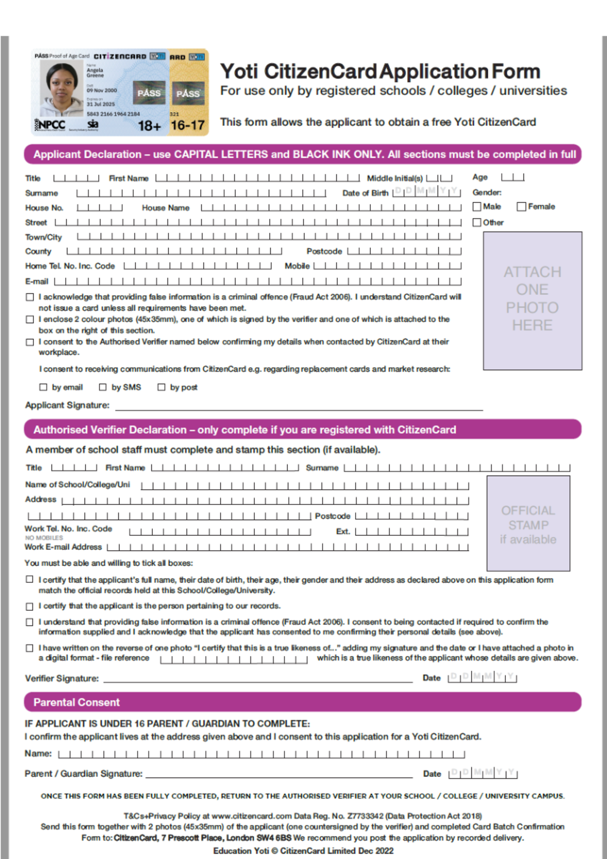 Citizen Card application form - PASS Proof of Age Card CITIZENCARD YOTI ...