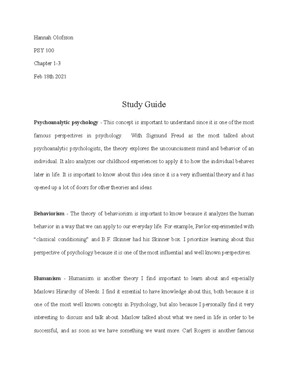 Psy100 - Chapter 1 Study Guide: Key Concepts in Psychology - Studocu