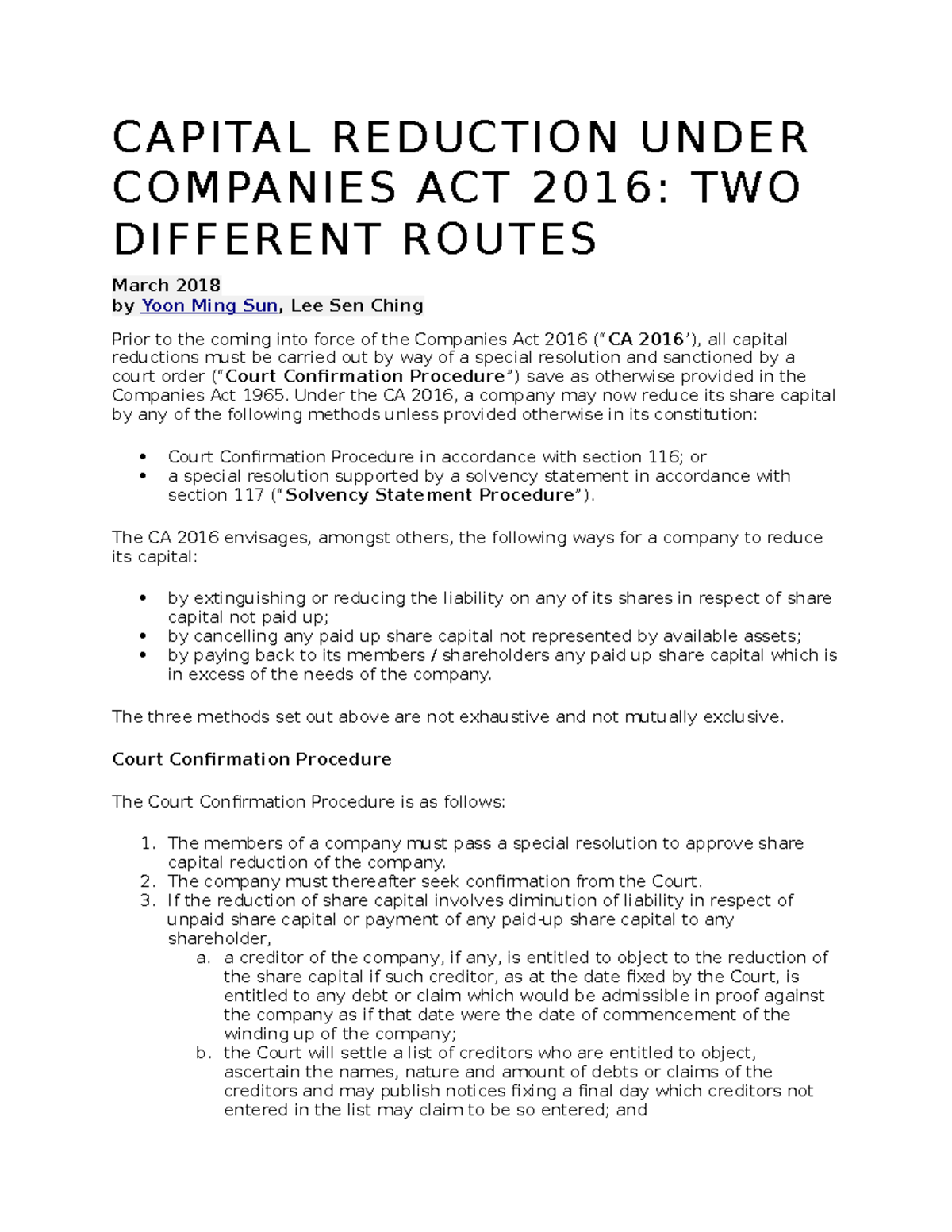 Capital Reduction Methods Under Companies Act 2016: An Overview - Studocu