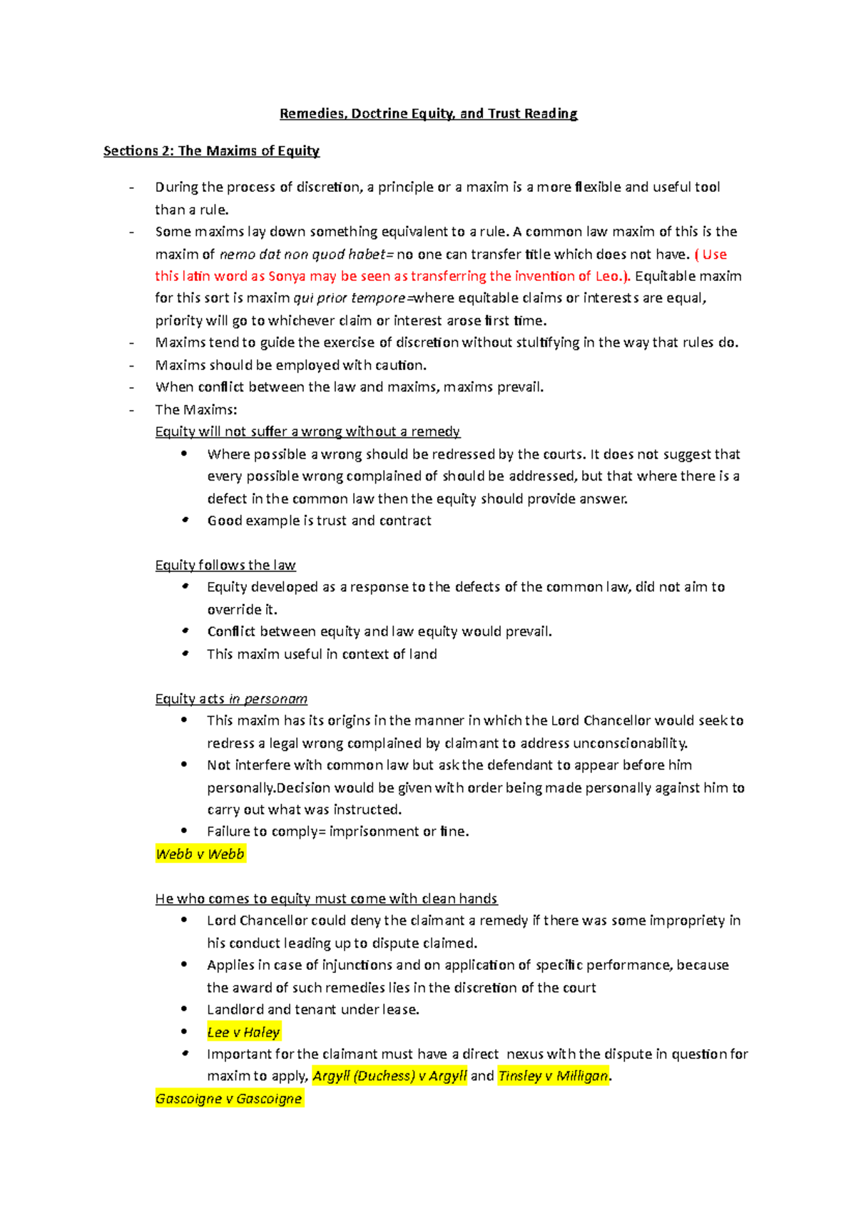 Equity: Key Maxims and Remedies - Lesson Notes for Law Course - Studocu