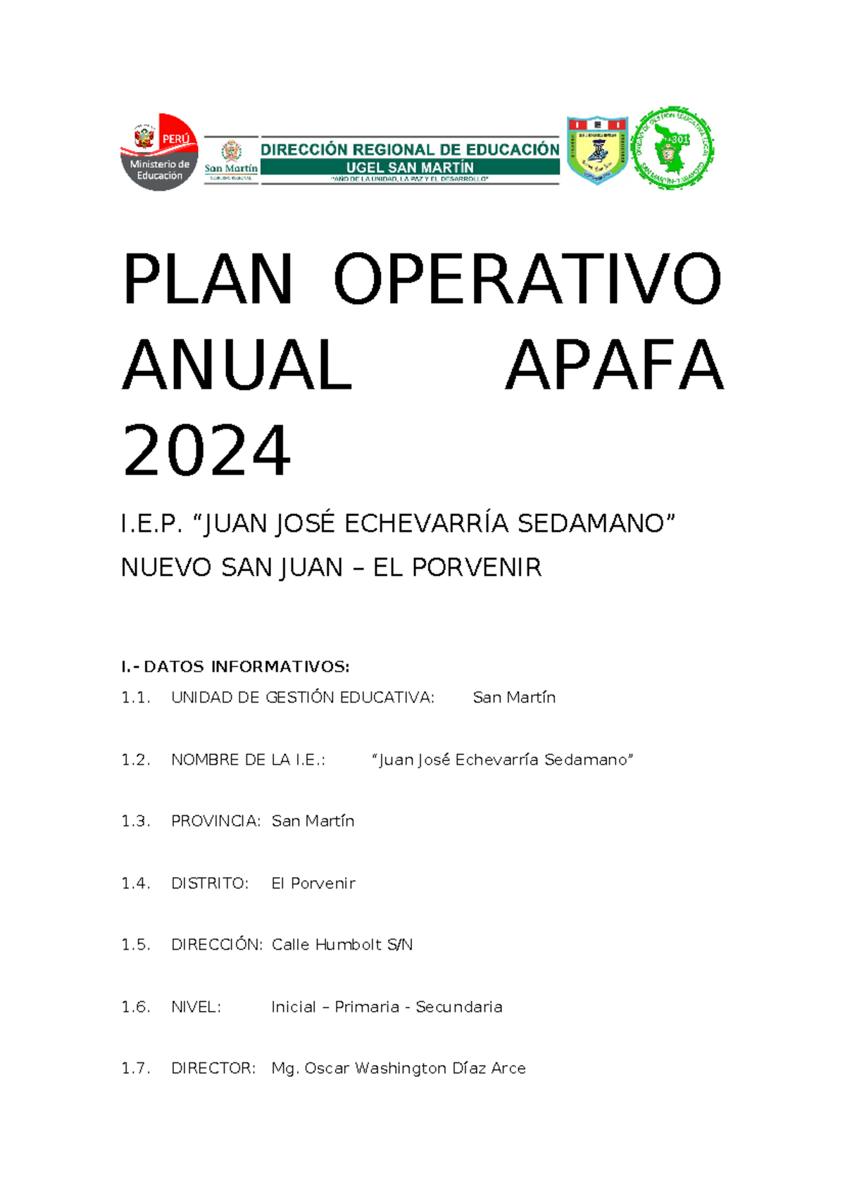 Plan Operativo Anual APAFA 2024 - I.E.P. "Juan José Echevarría" - Document Preview