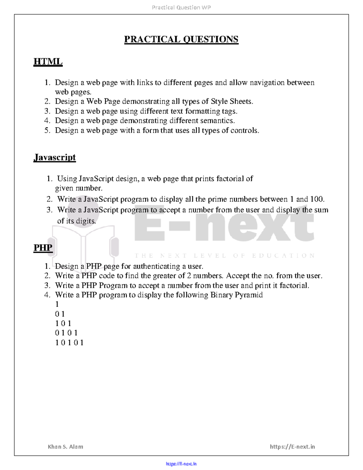 Practical Question WP (E-next - Practical Question WP Khan S. Alam E ...