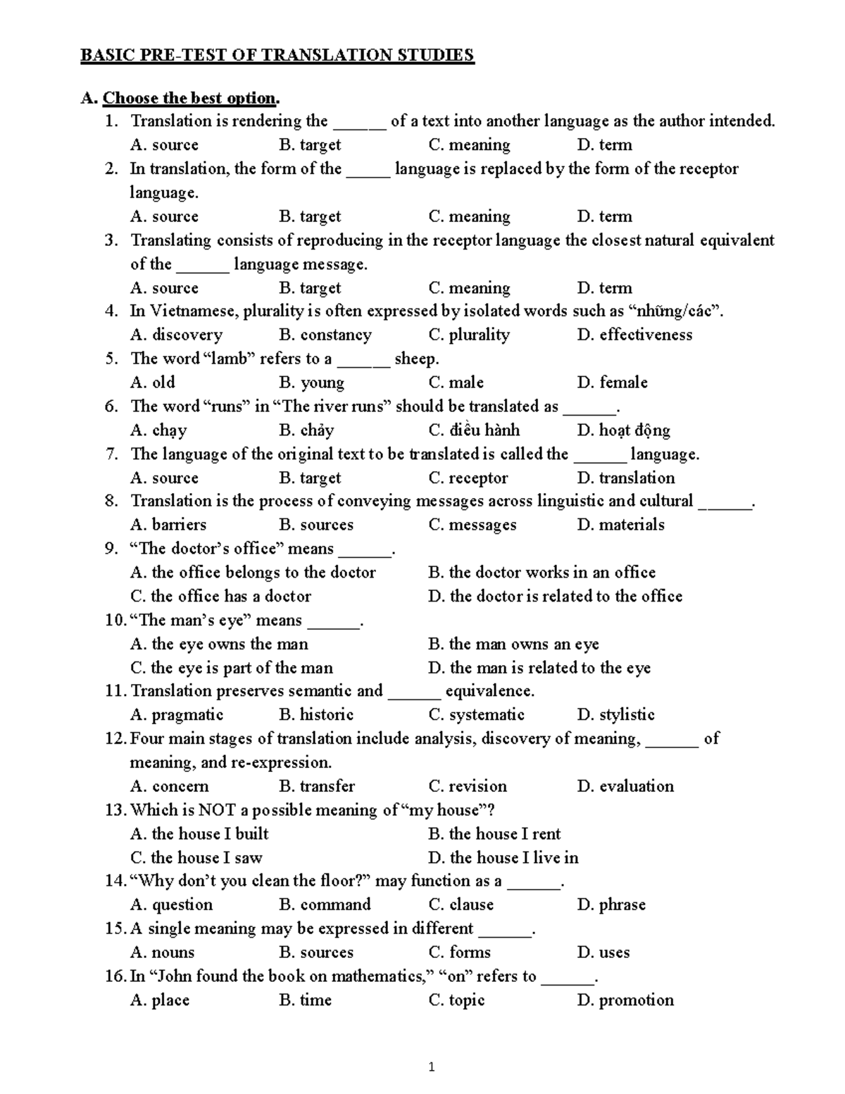 Basic Translation Pre-Test: Multiple Choice Questions - Studocu