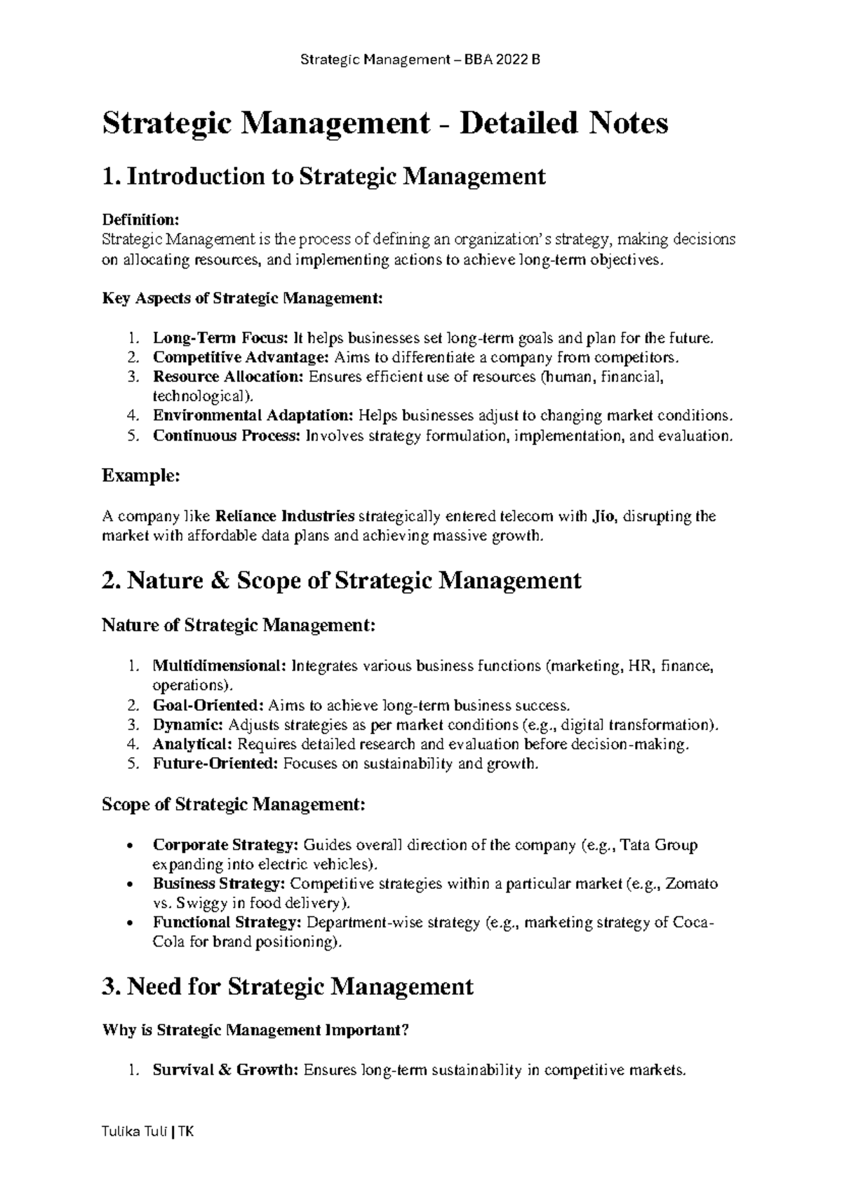 Strategic Management BBA 2022 B - Unit 1 Detailed Notes - Studocu