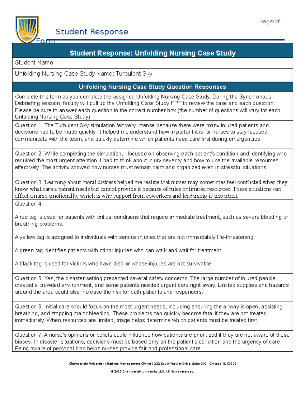 Student Response Form: Unfolding Nursing Case Study (Turbulent Sky ...