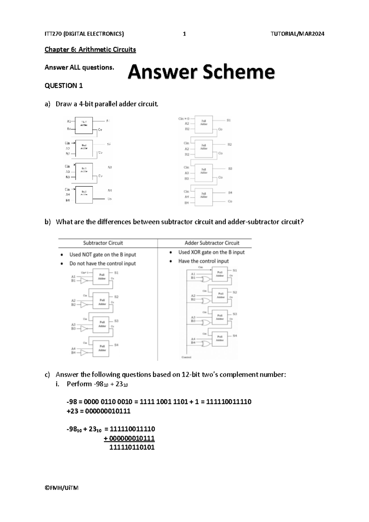 ITT270 Digital Electronics: Chapter 6 Arithmetic Circuits Q&A Notes ...