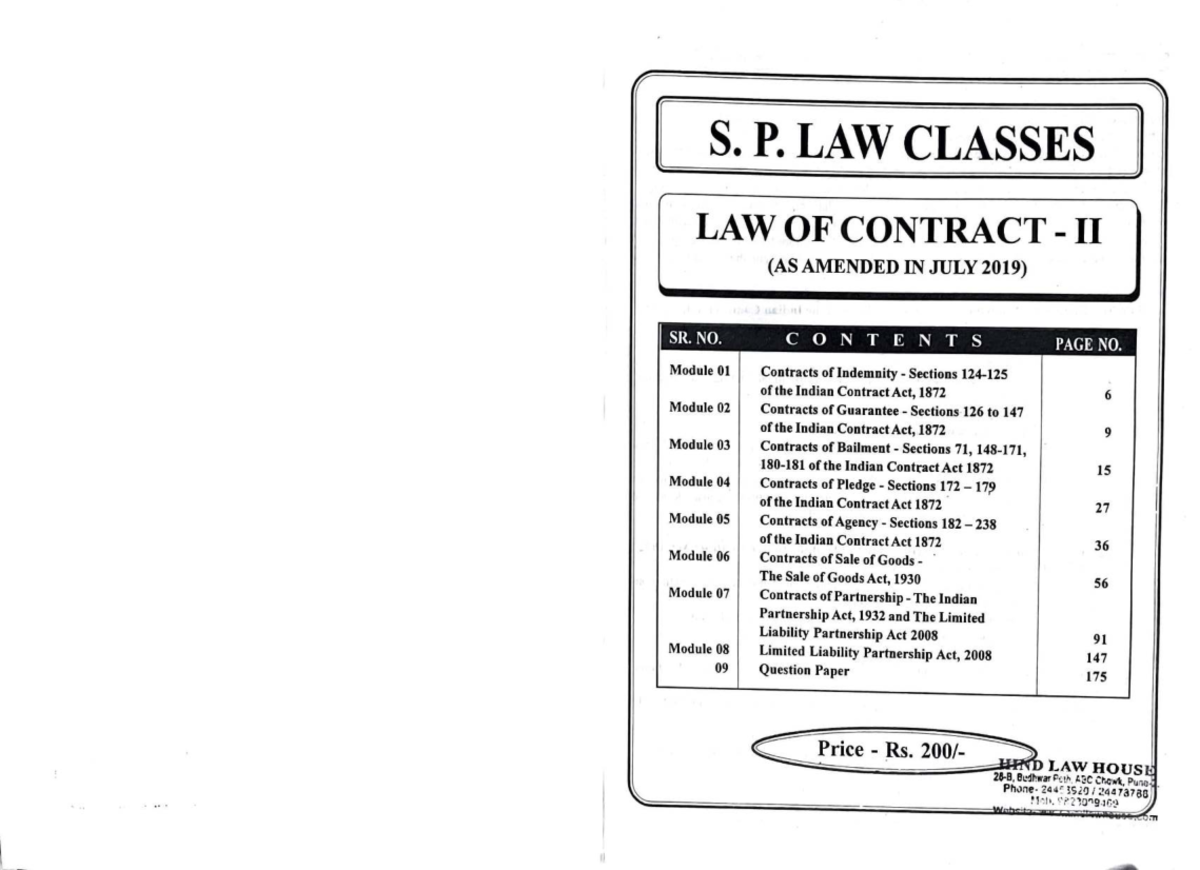 LAW OF CONTRACT II (S.P. Law Classes) - Comprehensive Study Notes - Studocu