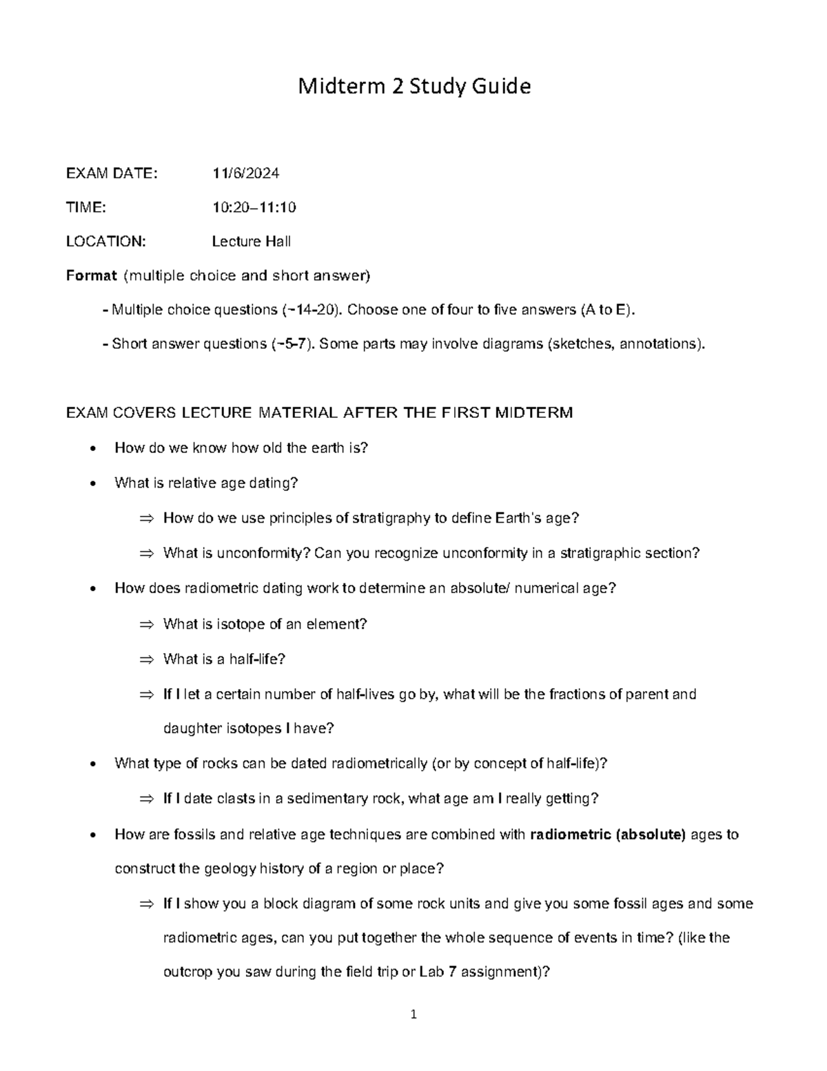 Midterm 2 studyguide - practice quiz questions - 1 Midterm 2 Study ...
