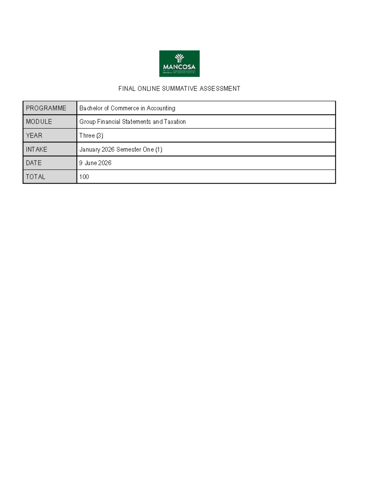 BACC 2026 Final Exam: Group Financial Statements & Taxation - Studocu
