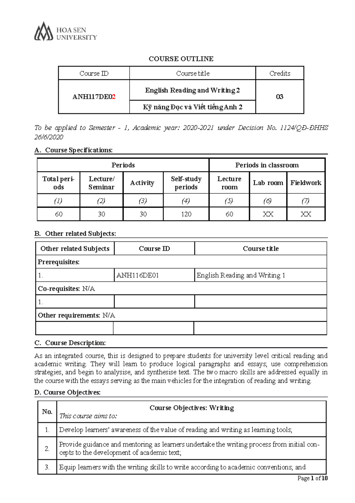 Course Outline - English Reading Writing 2 - ANH117DE02 - HK2233 ...