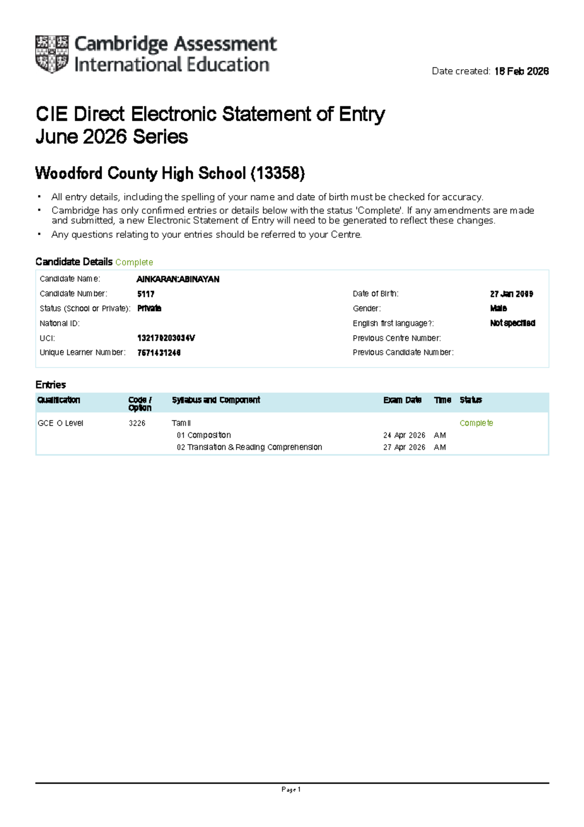 CIE Direct Electronic Statement of Entry - June 2026 (13358) - Studocu
